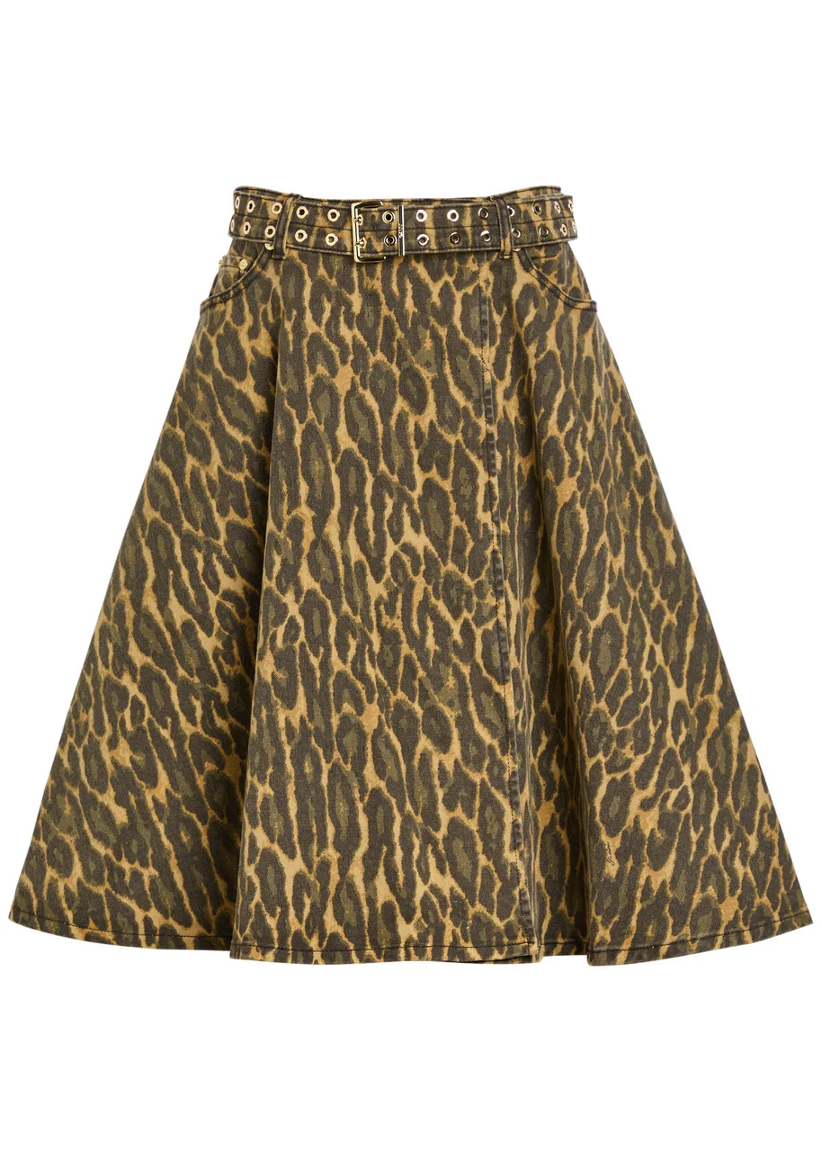 Ganni Belted Leopard-print Stretch-denim Midi Wrap Skirt - 1