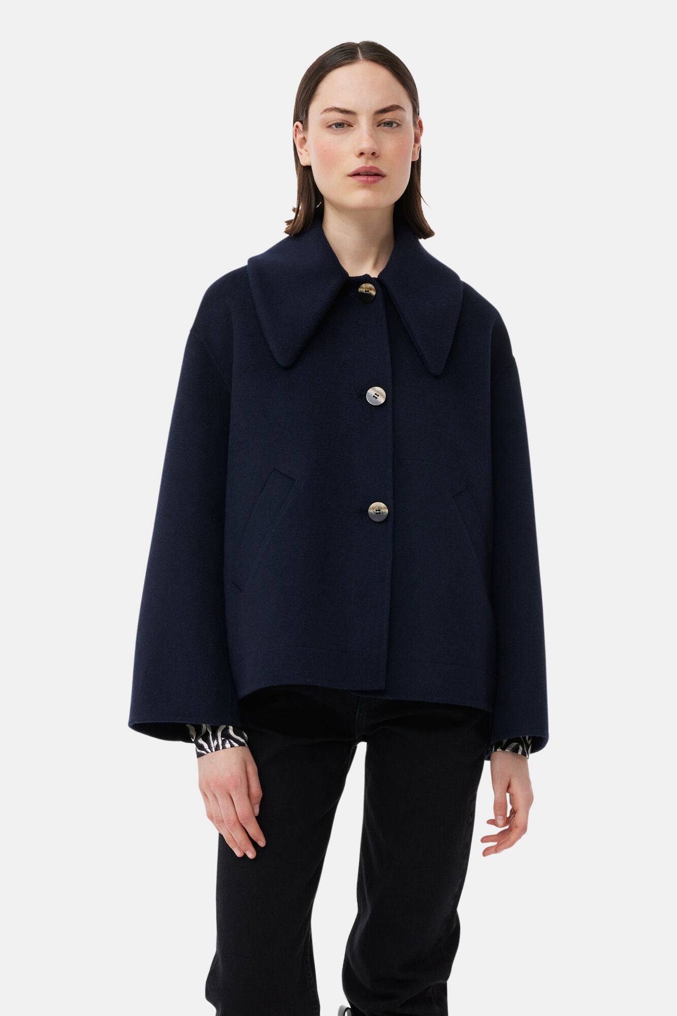 BLUE WOOL WIDE COLLAR JACKET - 2