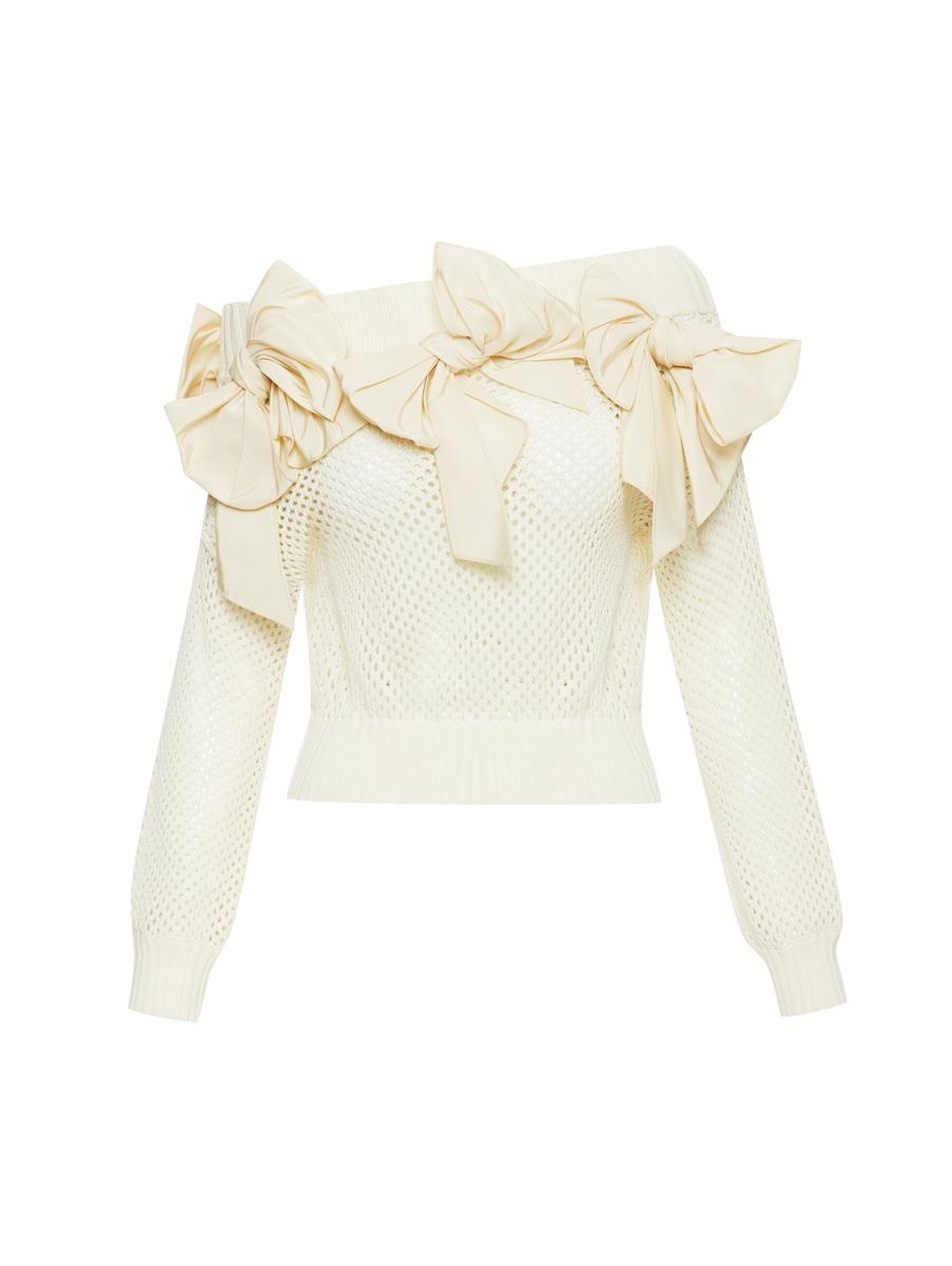 OFF SHOULDER FAILLE BOW PULLOVER - 4