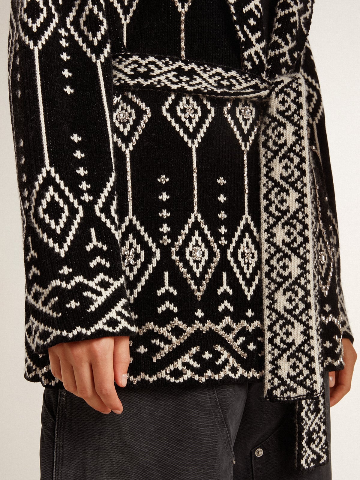 Women’s black cardigan with belt and crystals - 6