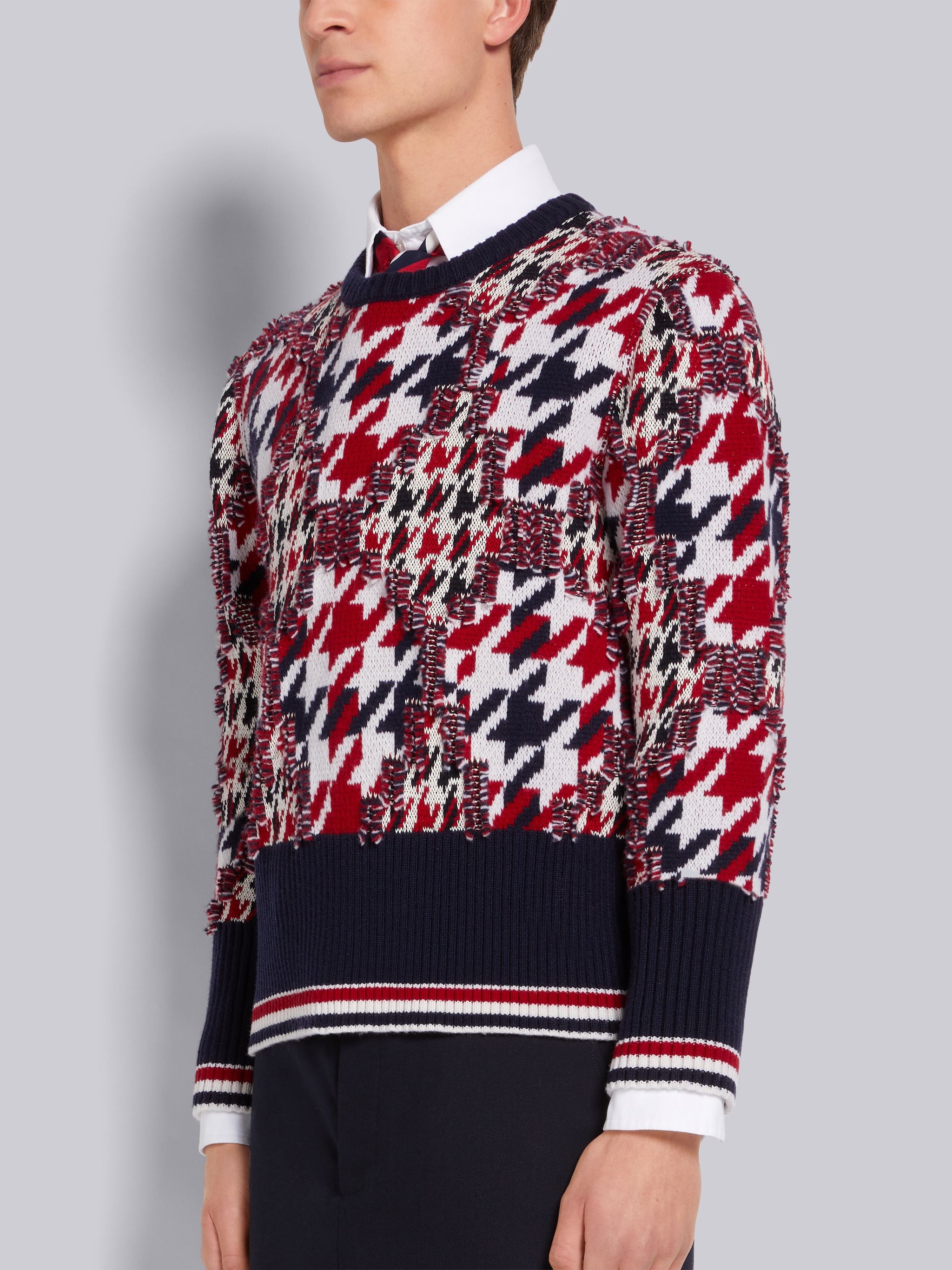 Multicolor Frayed Houndstooth Jacquard Tipping Stripe Pullover - 2