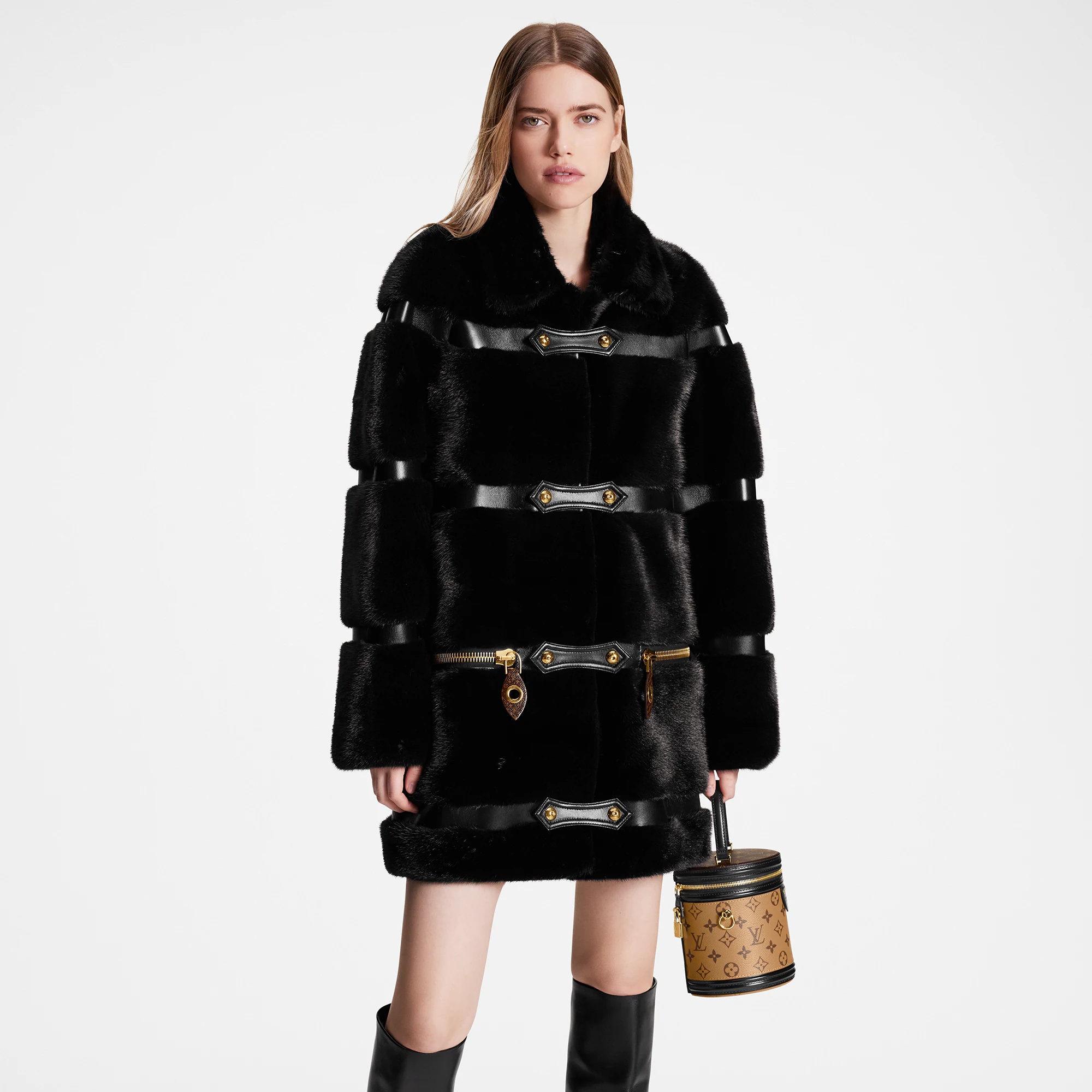 Leather Strip Black Mink Coat - 5