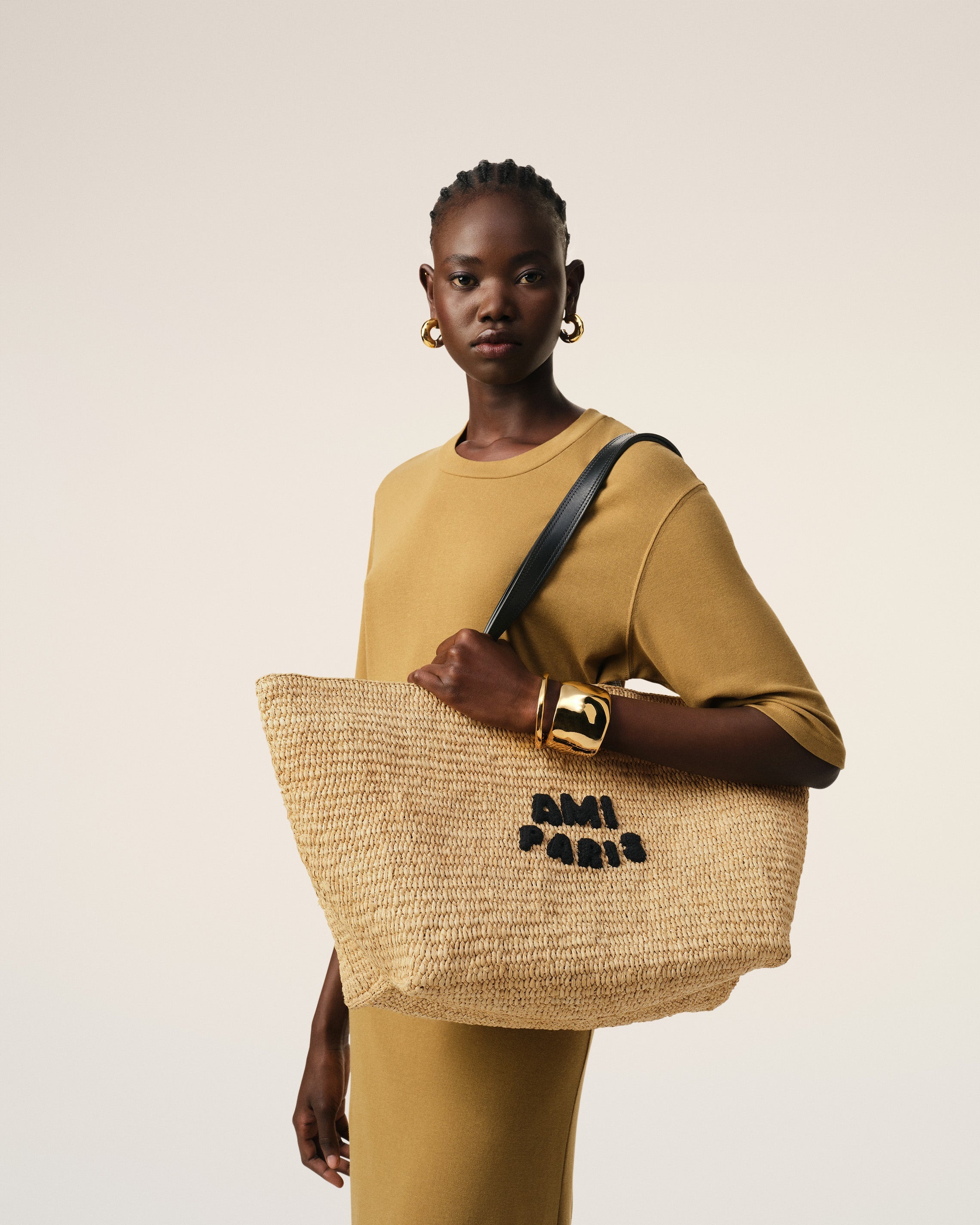 BEIGE LEATHER RAFIA AMI PARIS TOTE BAG - 2