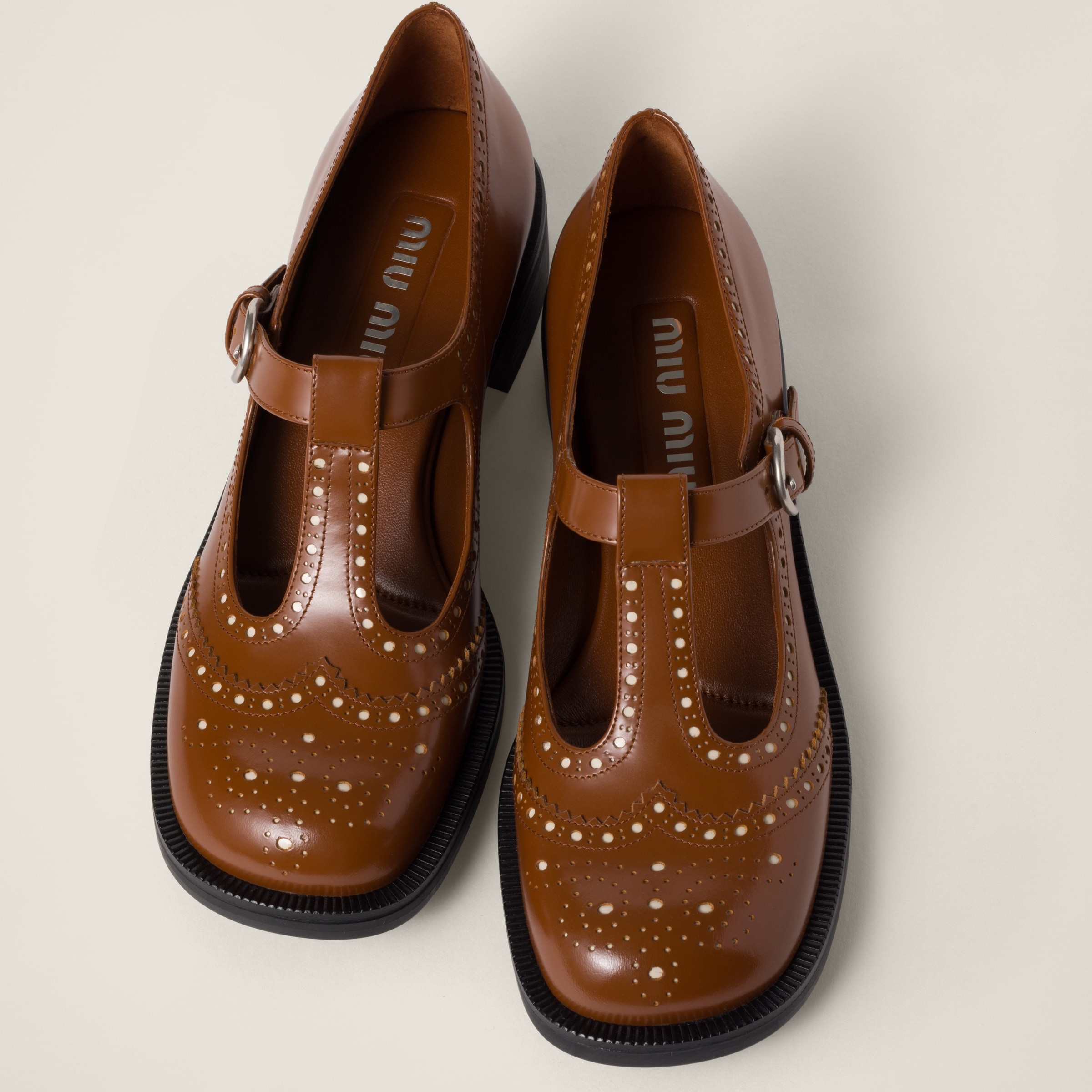 Brushed leather T-strap brogue shoes - 4