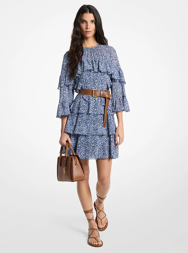 Floral Print Georgette Ruffle Mini Dress - 1