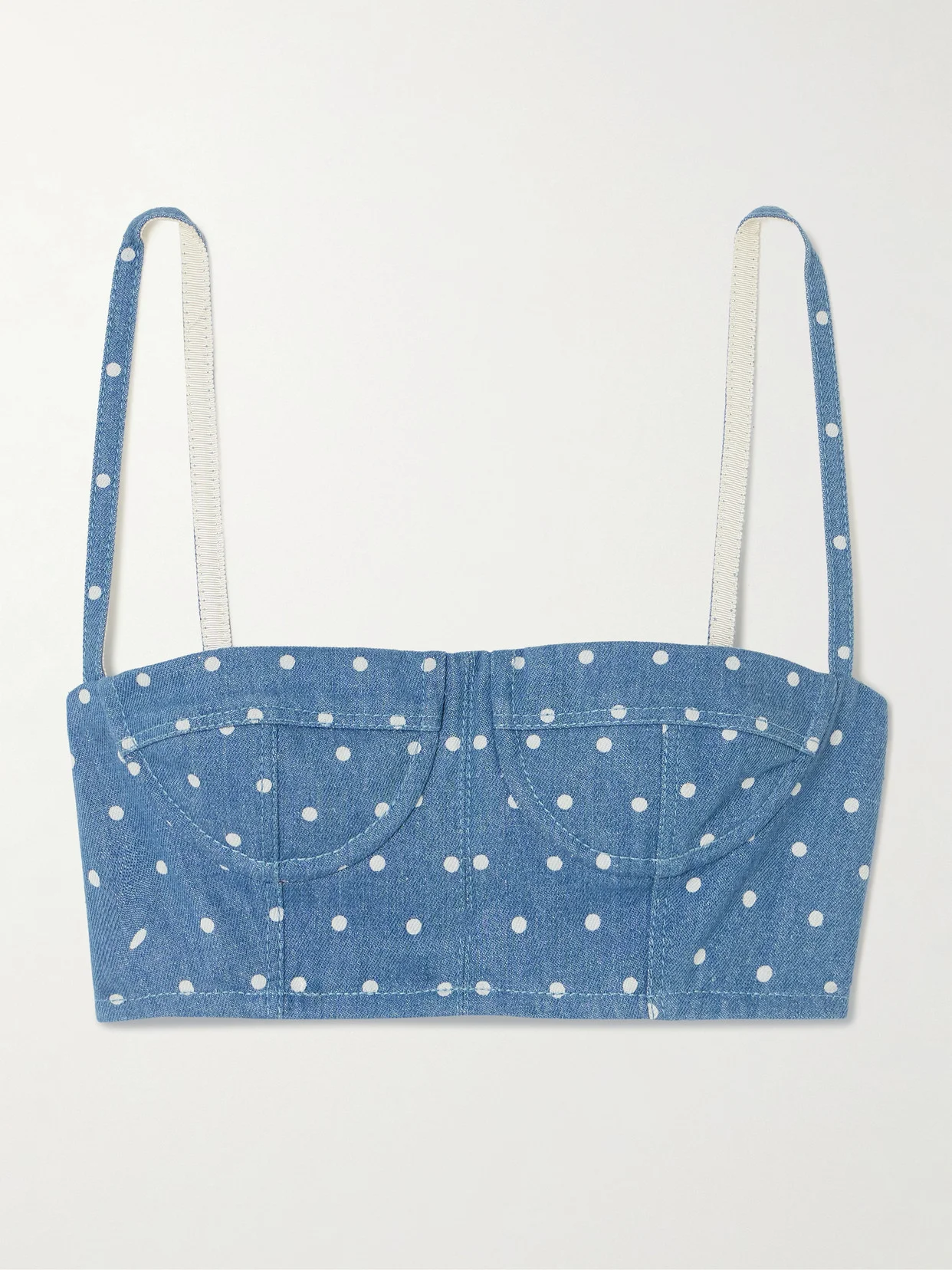 Cropped Polka-dot Denim Bustier Top - 1