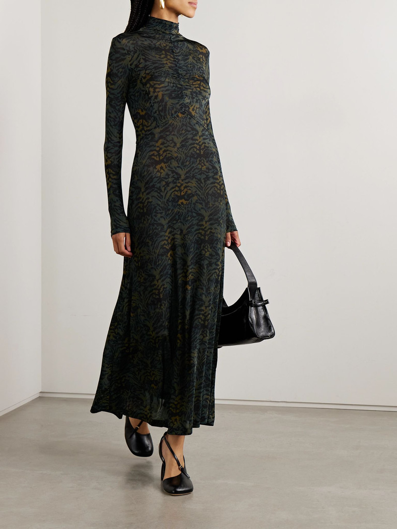 ULLA JOHNSON Koa ruched printed stretch-jersey turtleneck maxi dress Dark green outlook