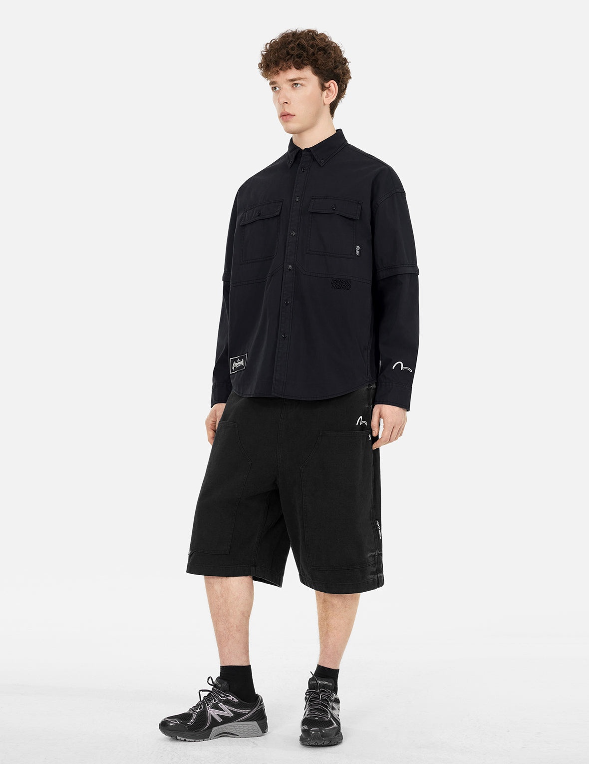 Logo and Seagull Embroidery with Detachable Sleeves Loose Fit Shirt Jacket - 3