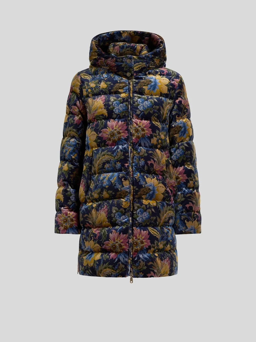 COTTON VELVET DOWN JACKET WITH HOOD AND FLORAL OVERPRINT - 1