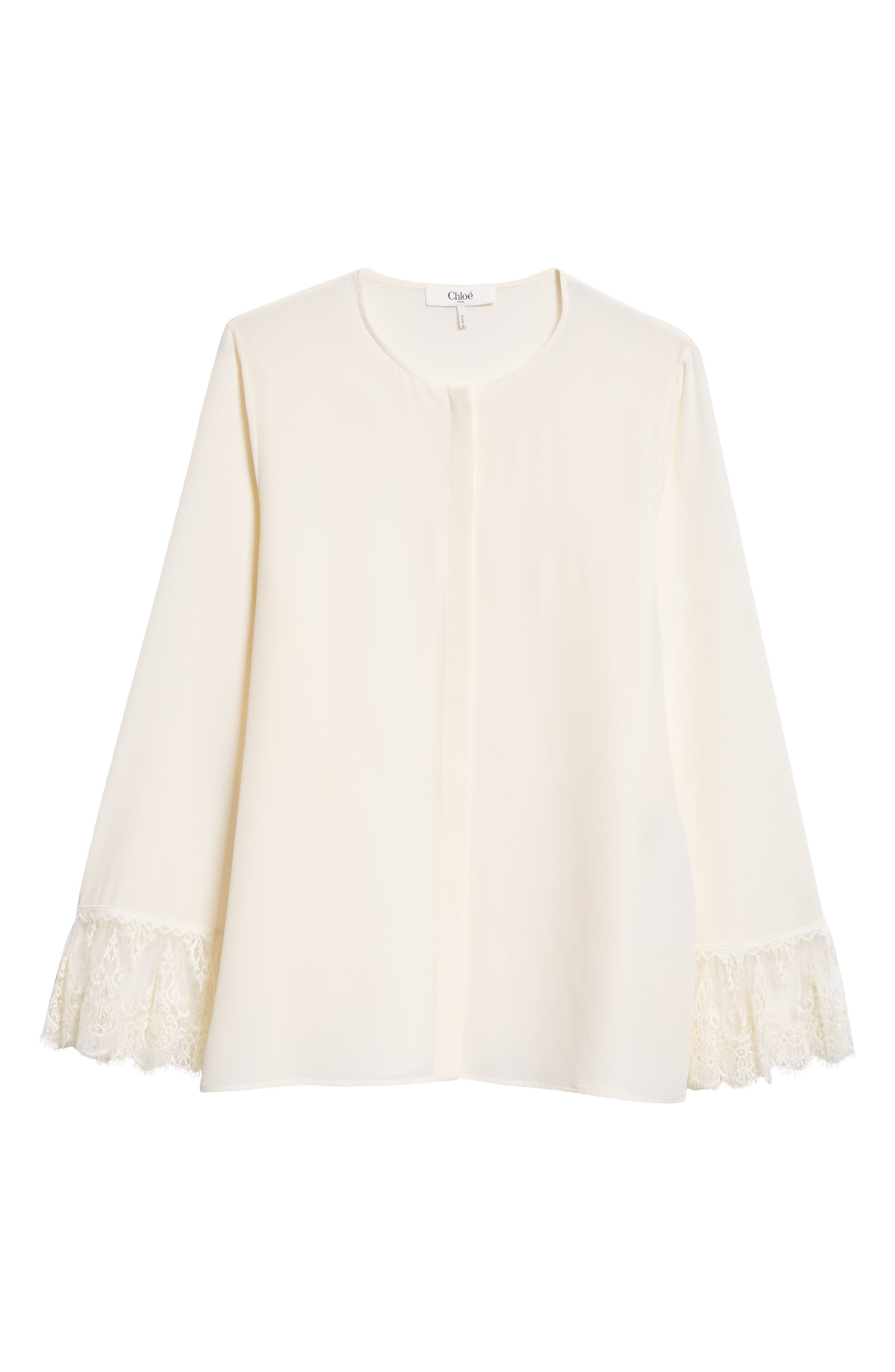 Chloé Lace Cuff Silk Crêpe de Chine Shirt in Coconut Milk at Nordstrom - 6