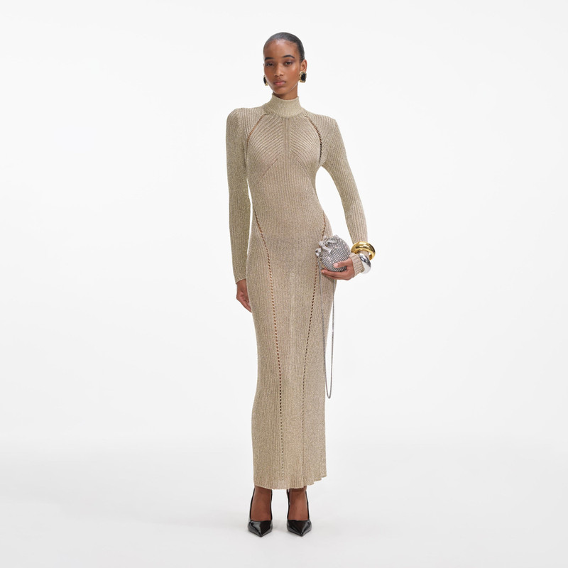 self portrait gold lurex dress Self-Portrait - Gold Lurex Knit Maxi Dress