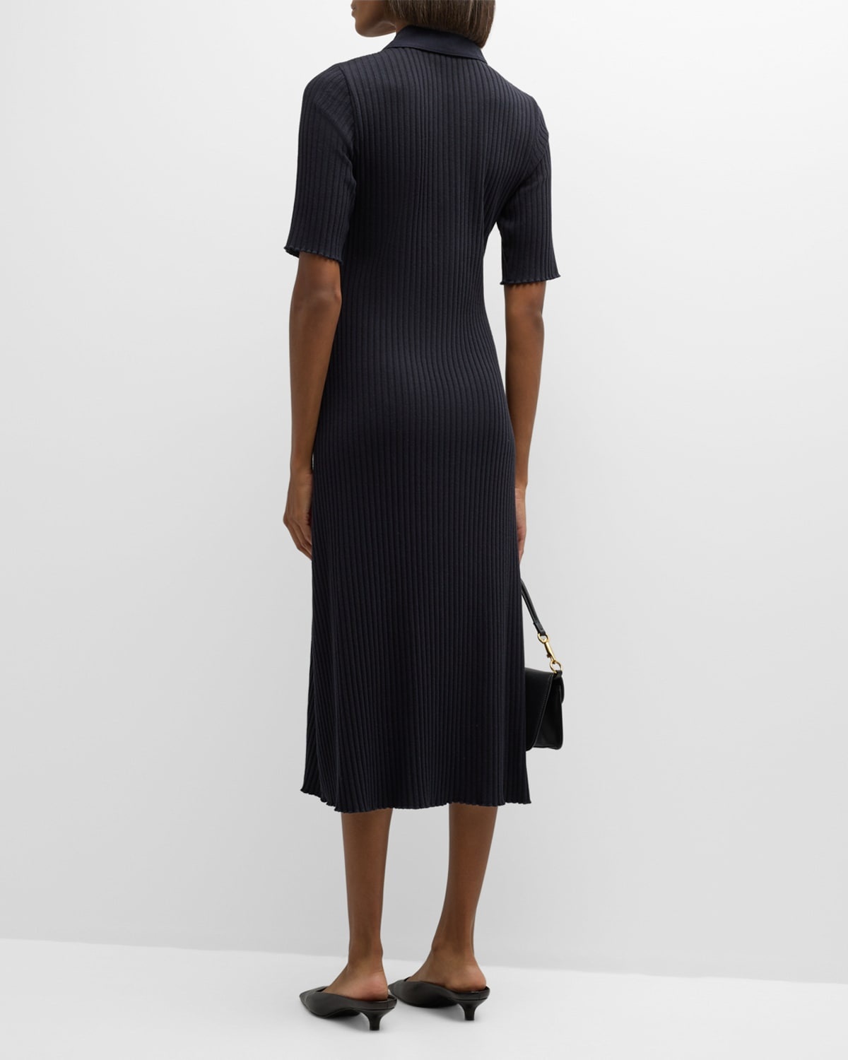 Ribbed Elbow-Sleeve Polo Midi Dress - 4