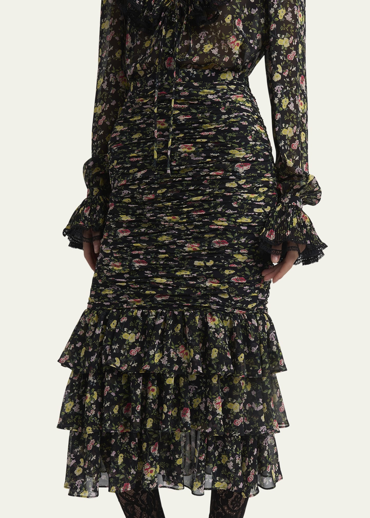 Ruched Flower Print Midi Skirt With Ruffle Hem - 5