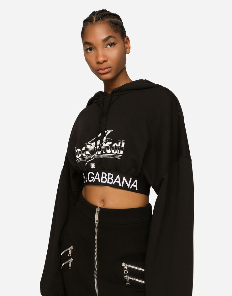 Cropped jersey hoodie with rock’n’roll print - 1