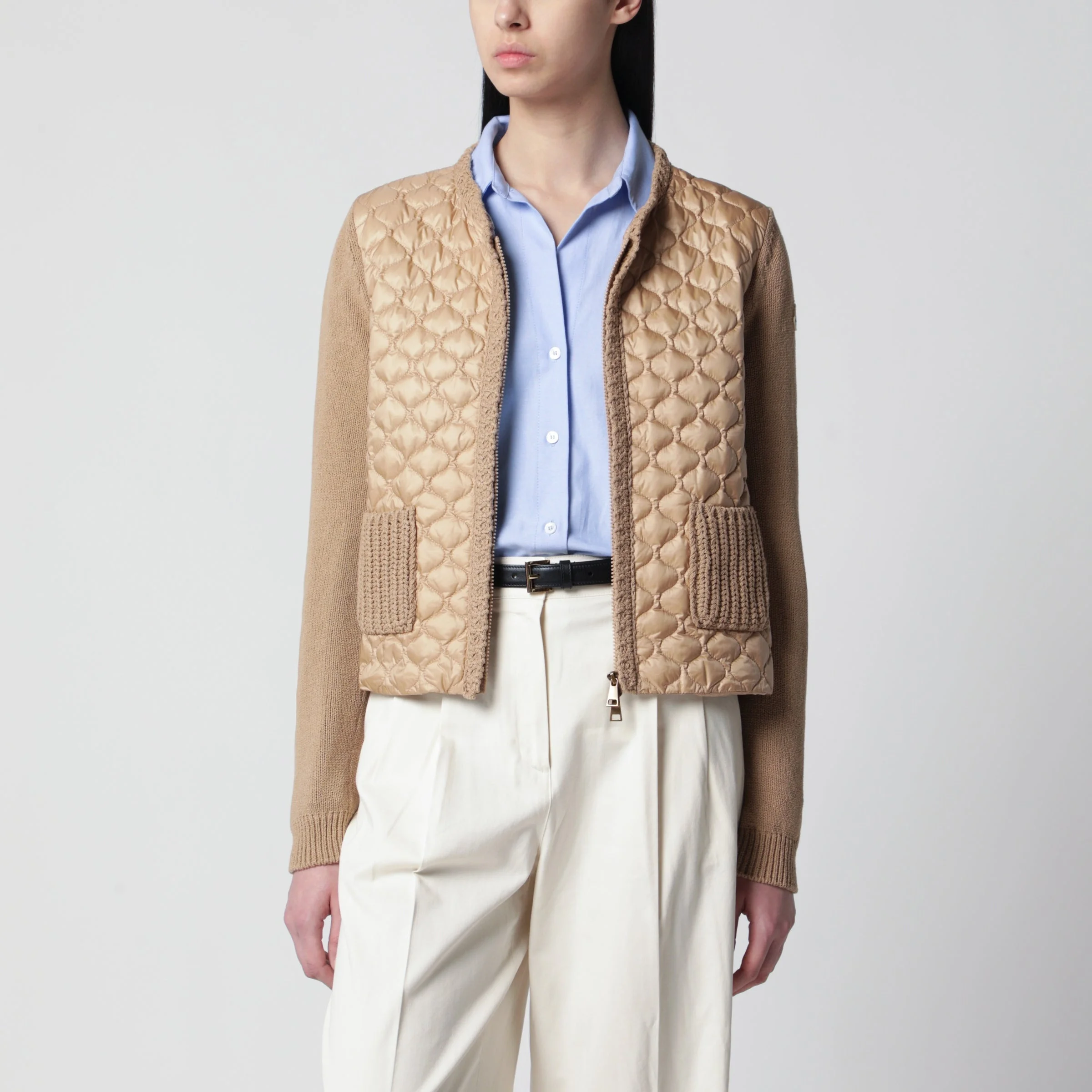 Women's hybrid knit and padded nylon cardigan in beige - 1