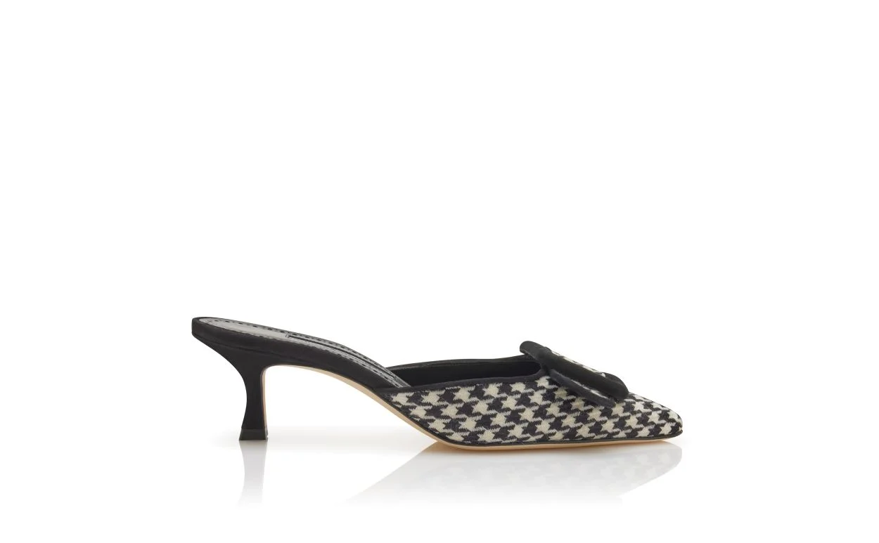 Black and Cream Wool Buckle Detail Mules - 1