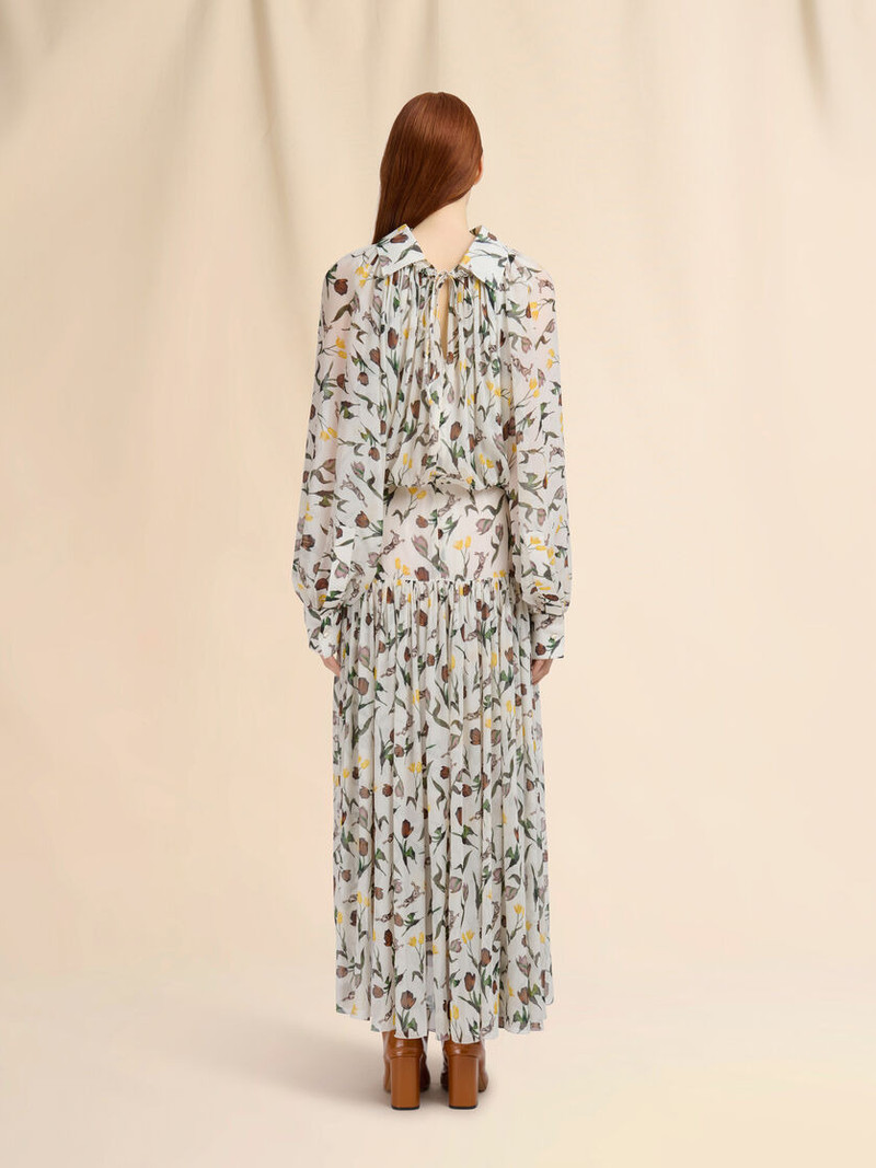 CREAM CHIFFON DRESS WITH TULIPS AND HARES PRINT 3