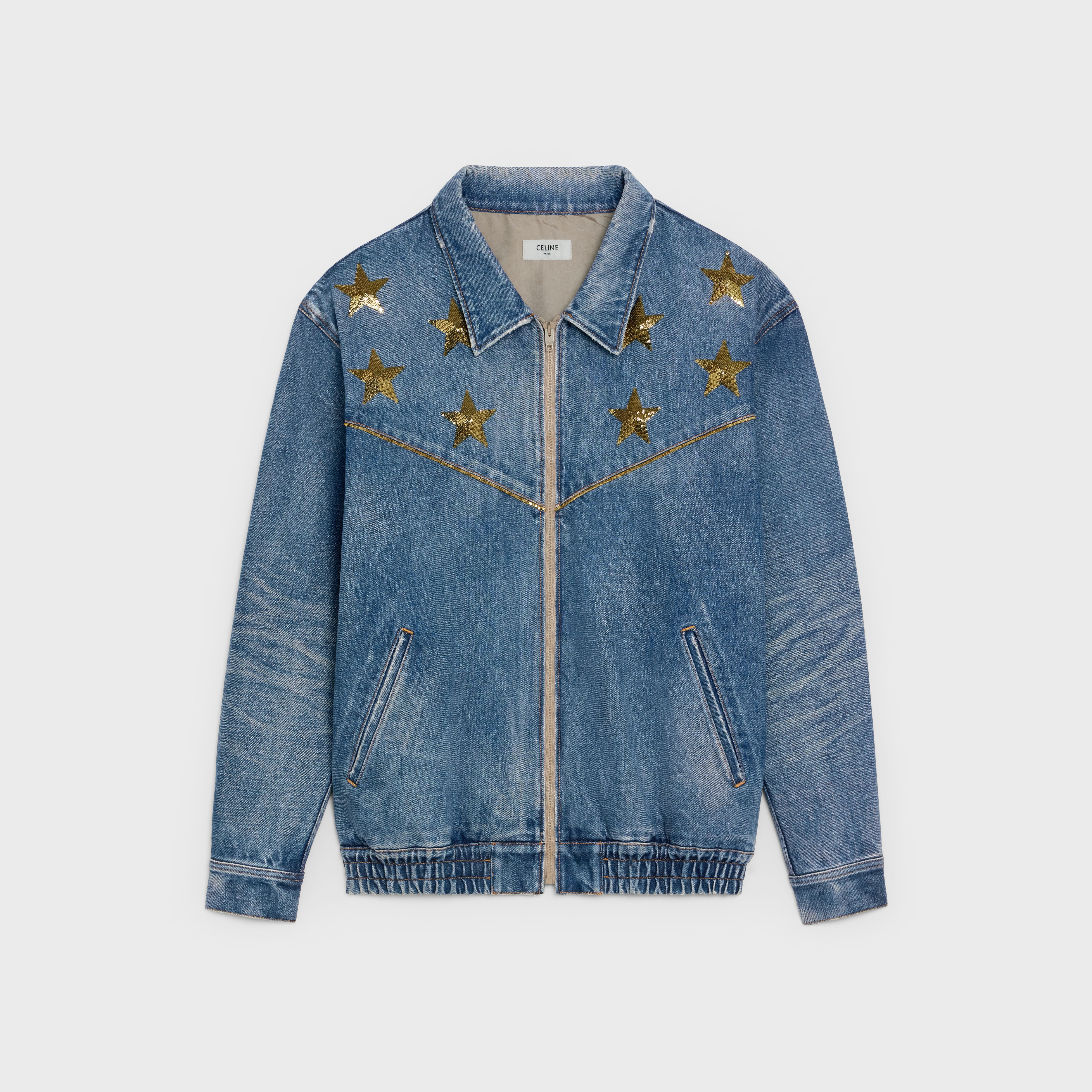 EMBROIDERED TEDDY JACKET IN UNION WASH DENIM WITH STARS - 1