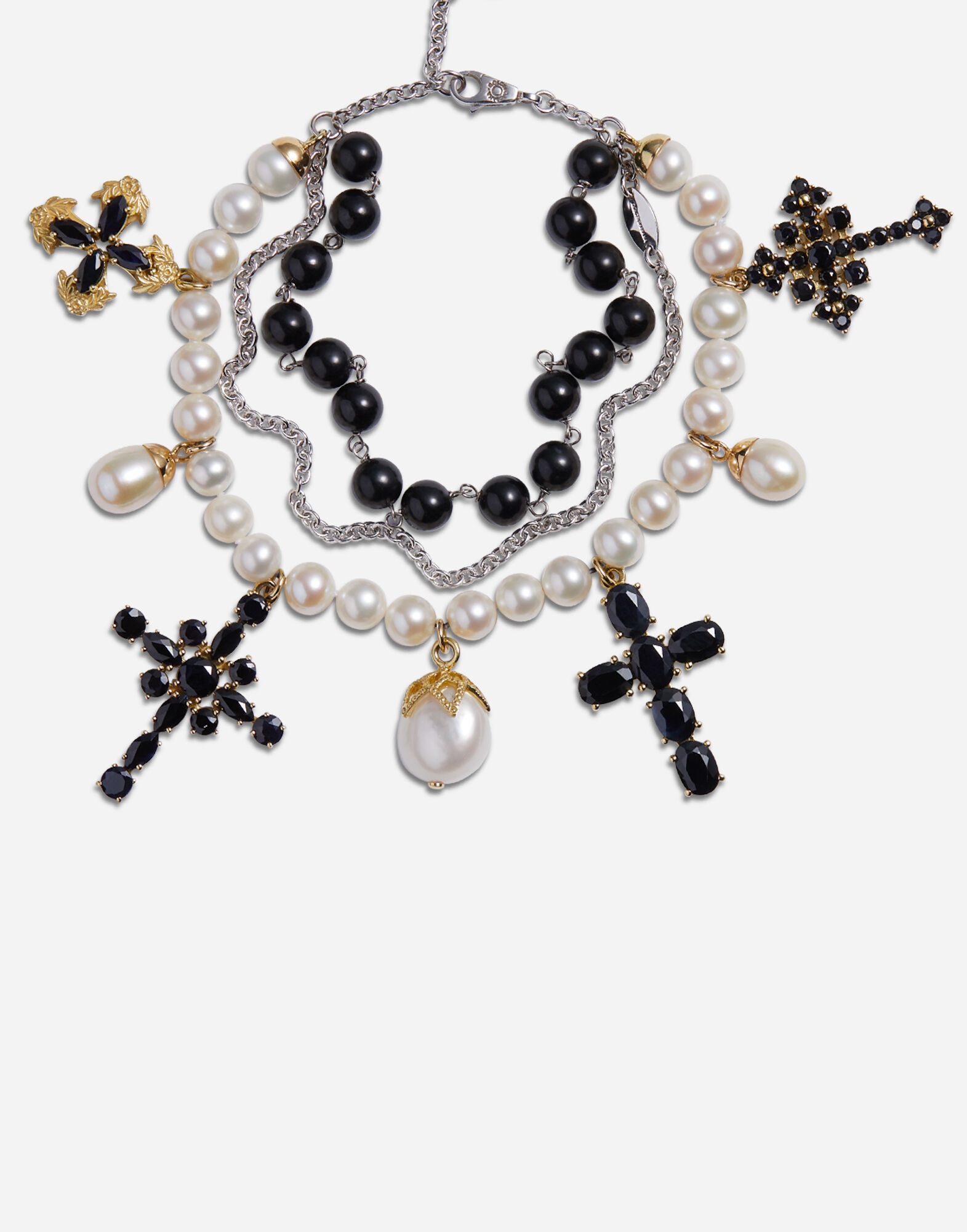 Yellow and white gold family bracelet with cblack sapphire, pearl and black jade beads - 2