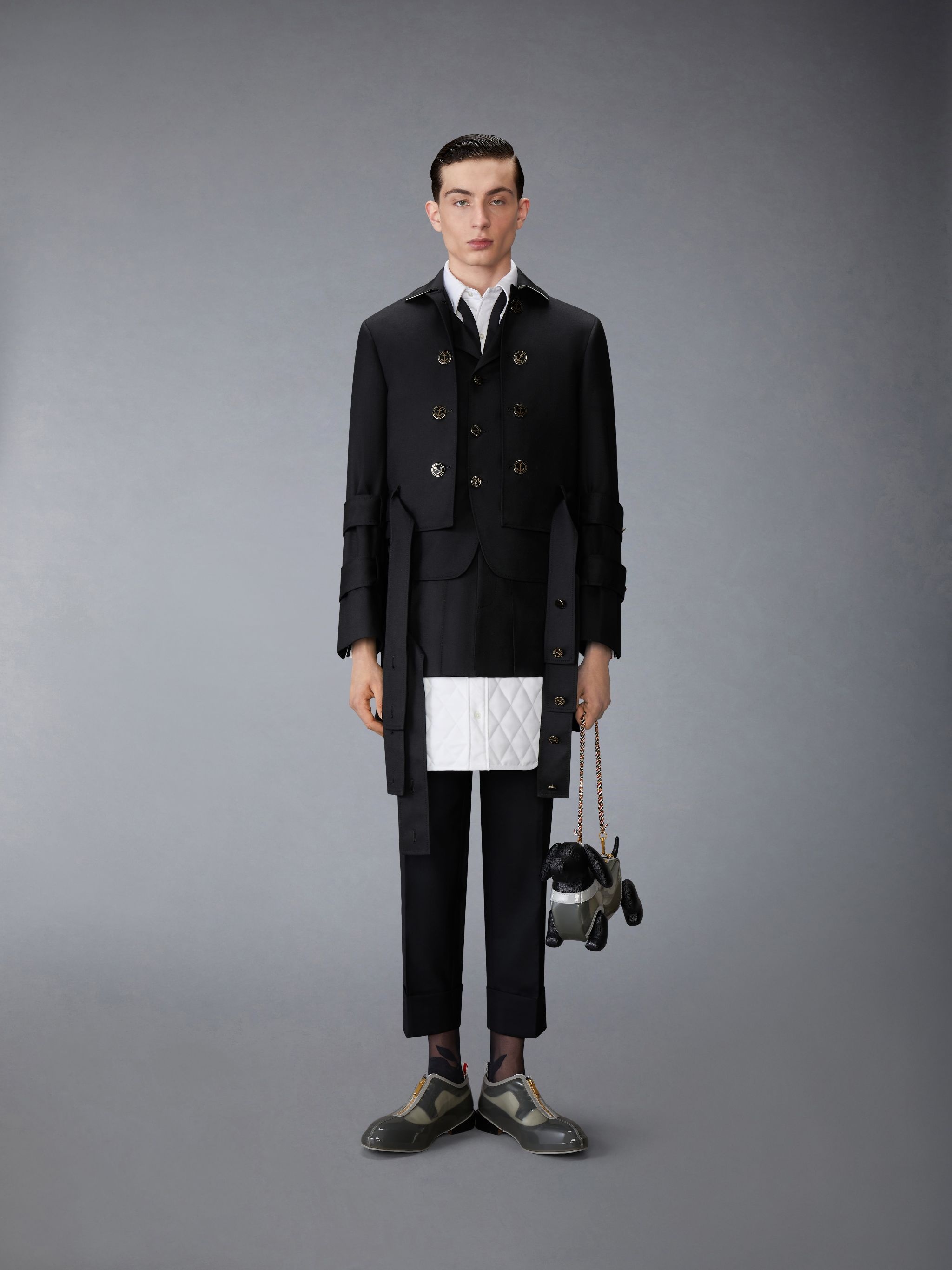 Wool Flannel All in One Modular Bal Collar Overcoat With Mini Pleated Skirt and Silk Faille Lapel - 3