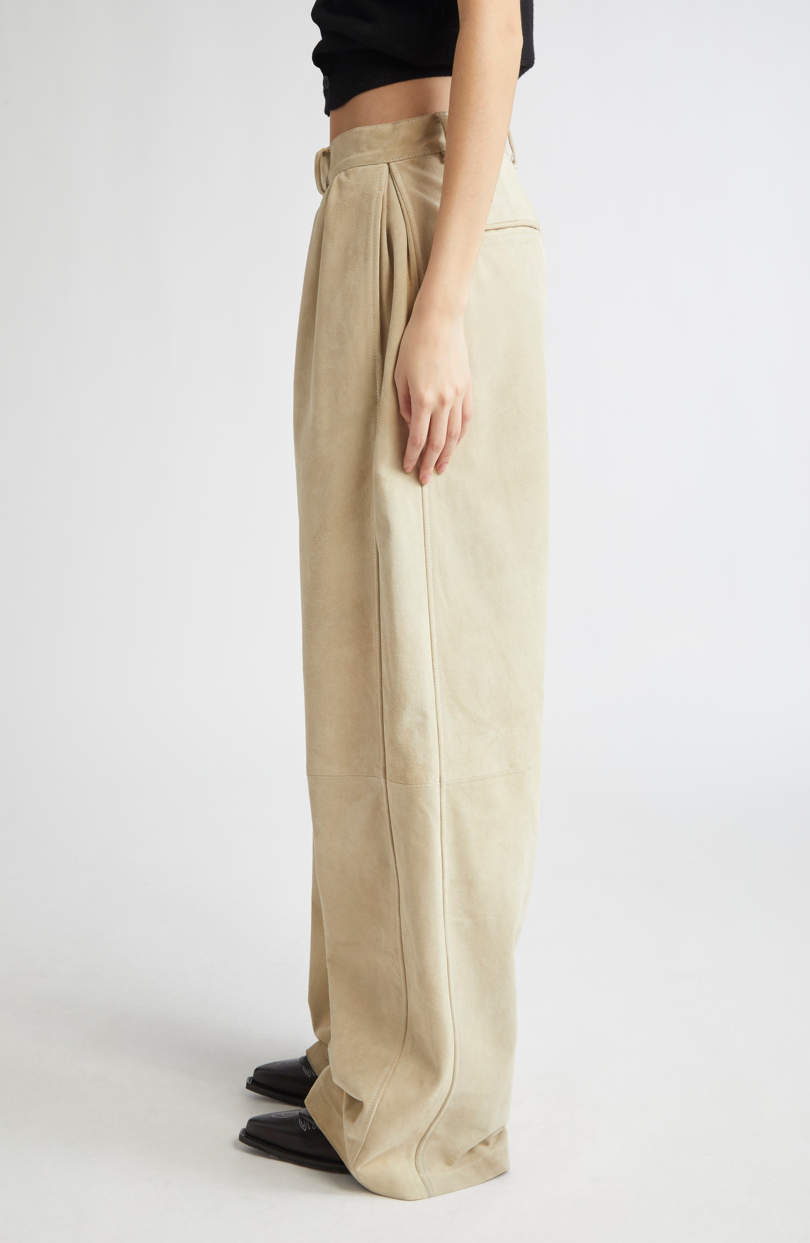 R13 Pleated Wide Leg Suede Pants in Stone at Nordstrom - 4