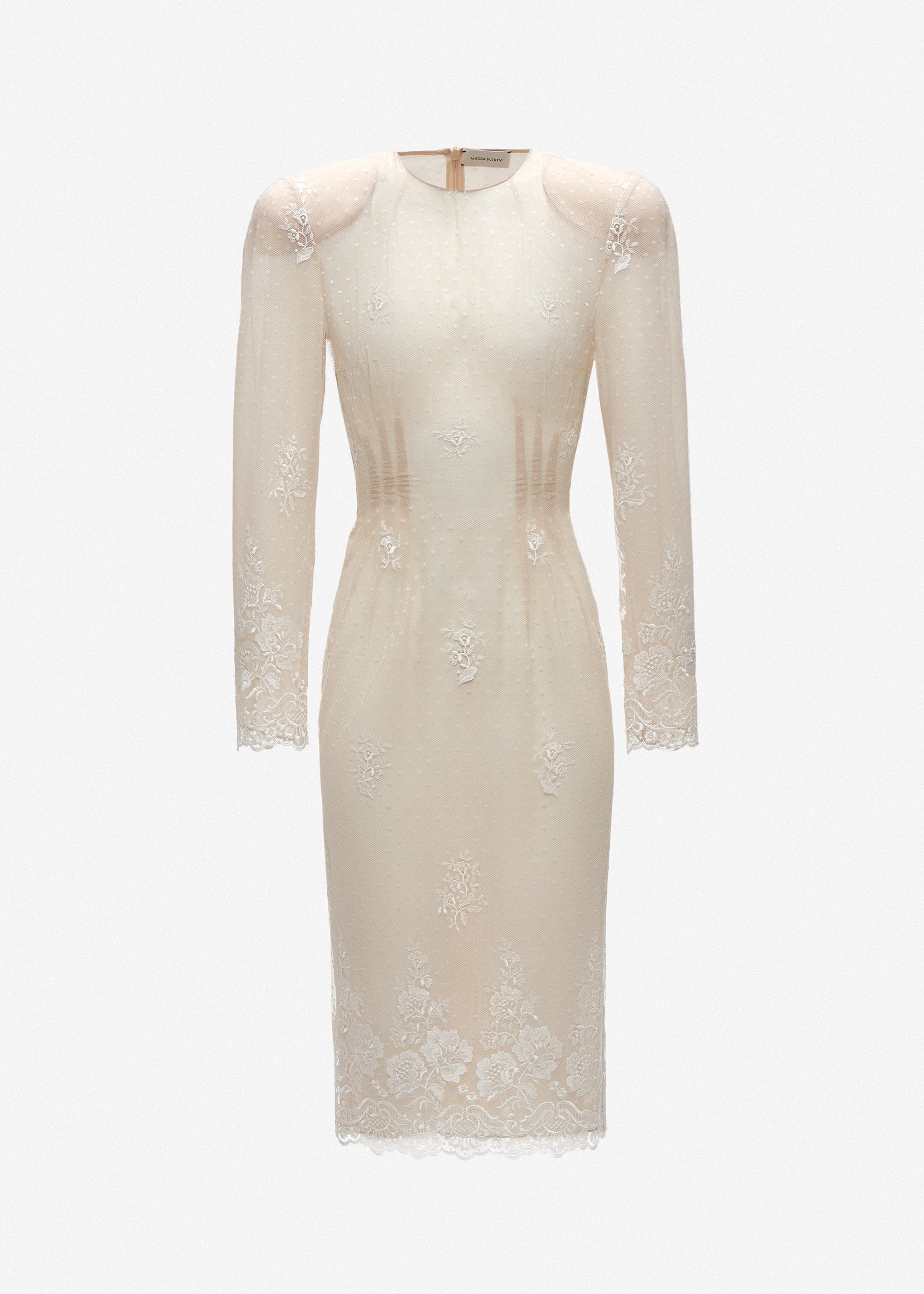 Embroidered fitted dress with back tie detail in cream - 1