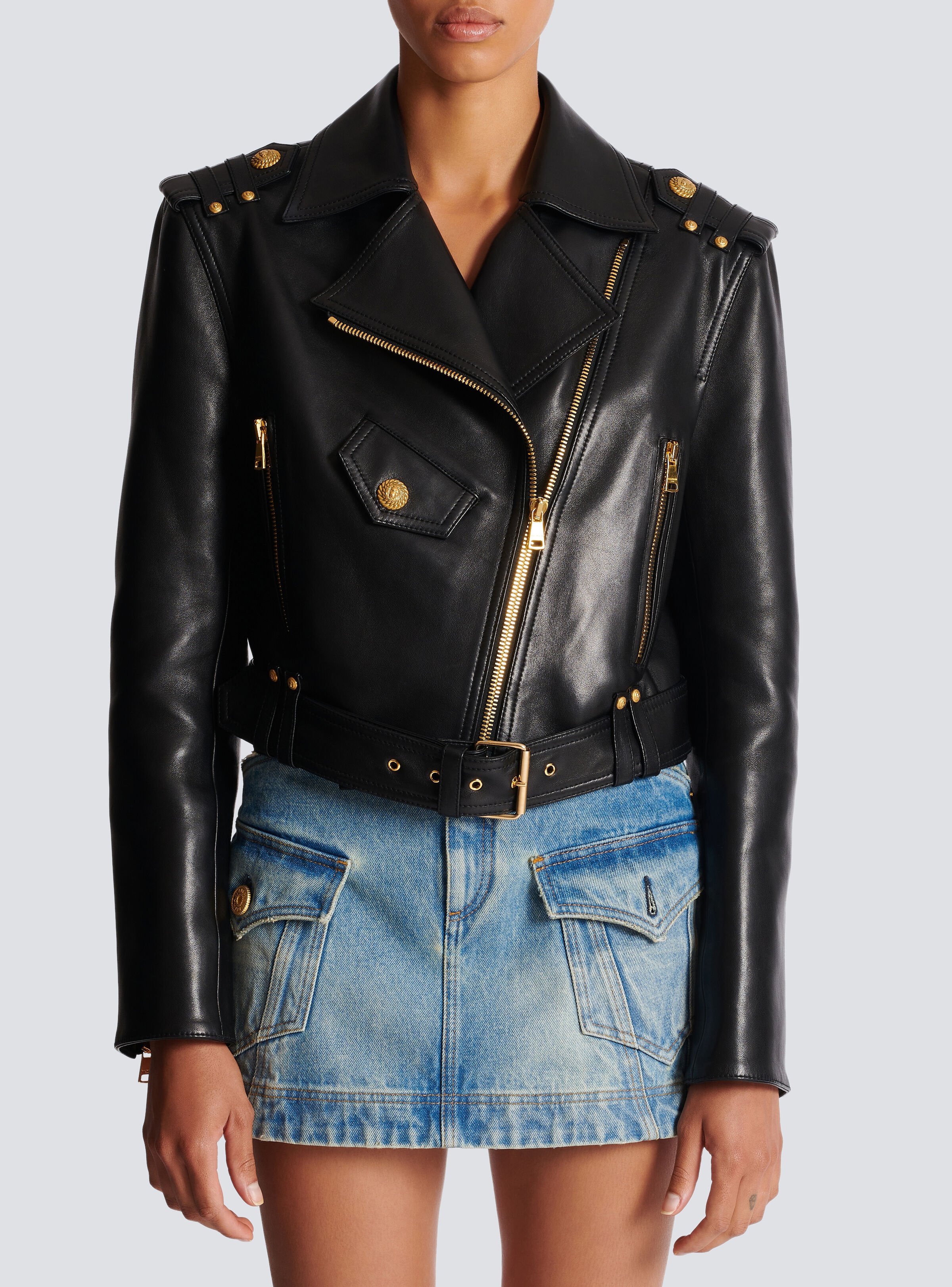 Zipped leather biker jacket - 5