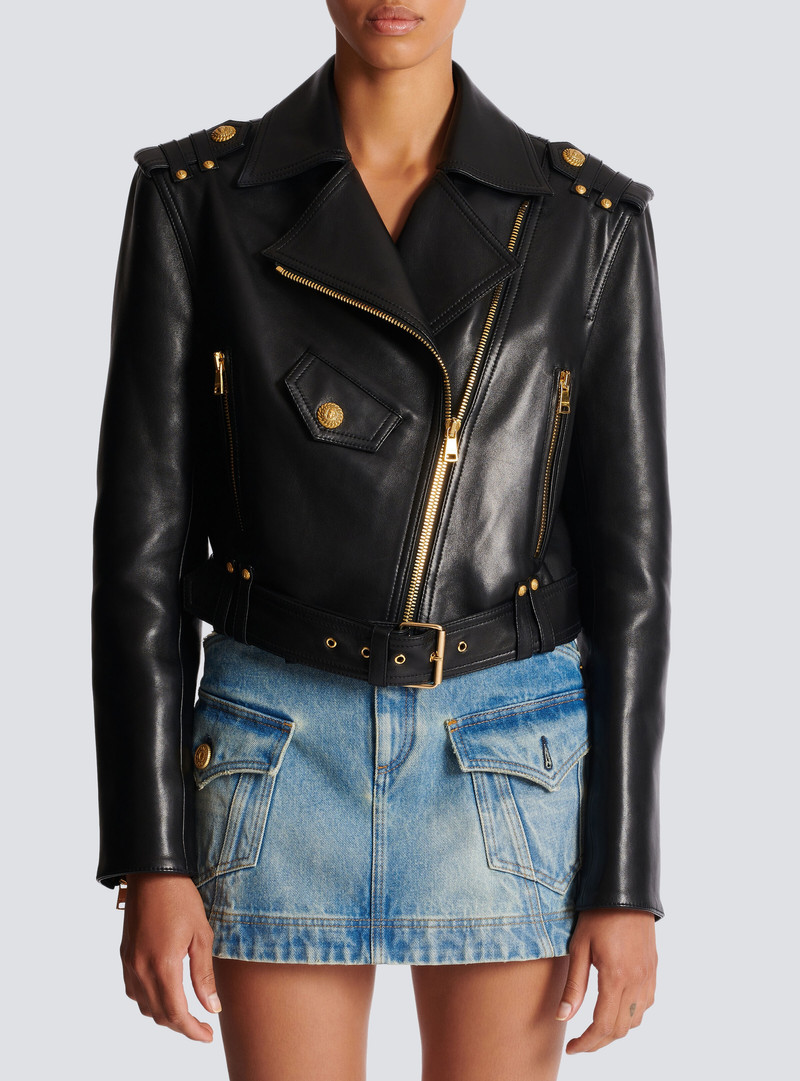 Zipped 가죽 biker 재킷 5