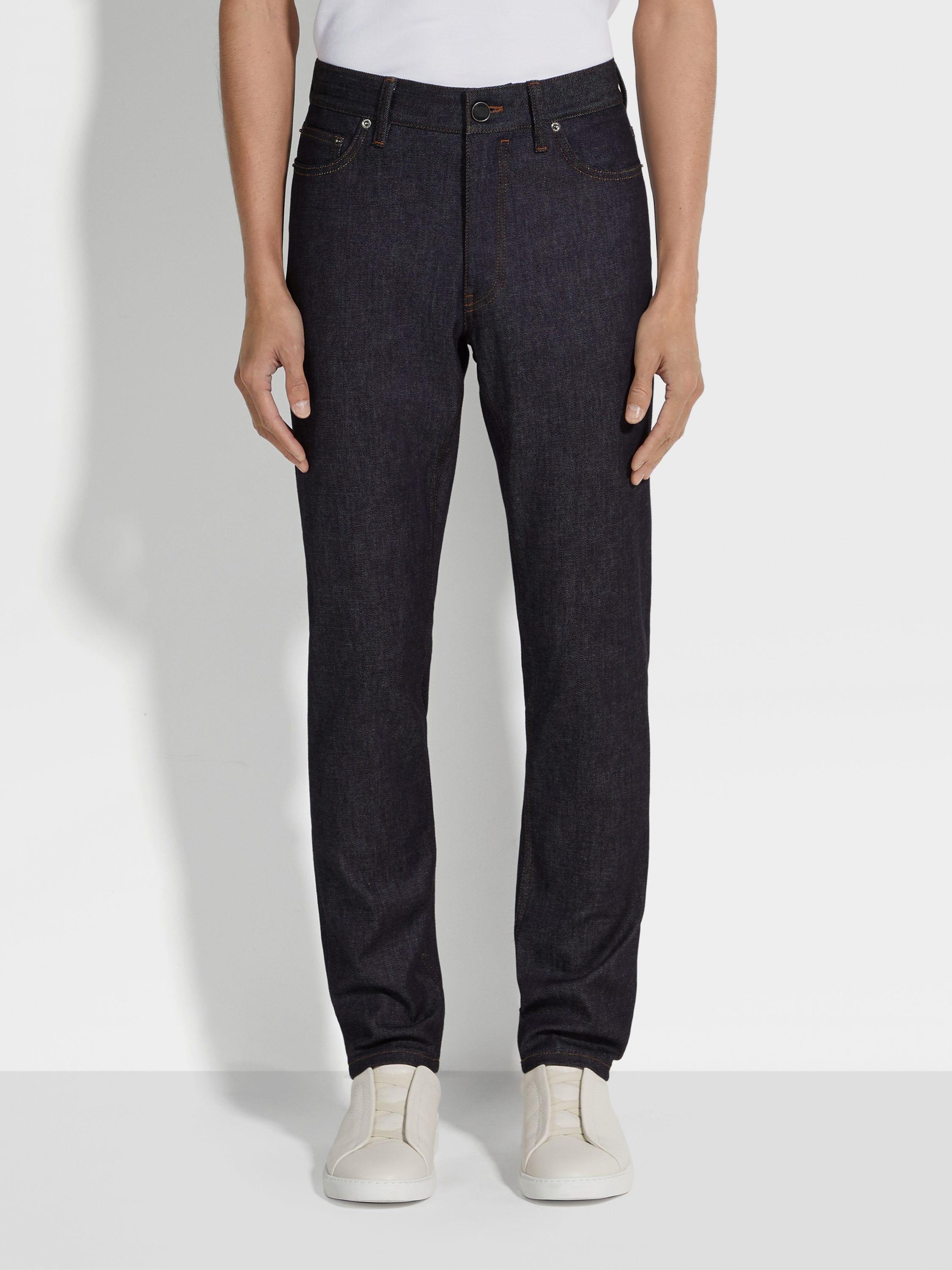 BLUE STRETCH COTTON AND CASHMERE ROCCIA JEANS - 4