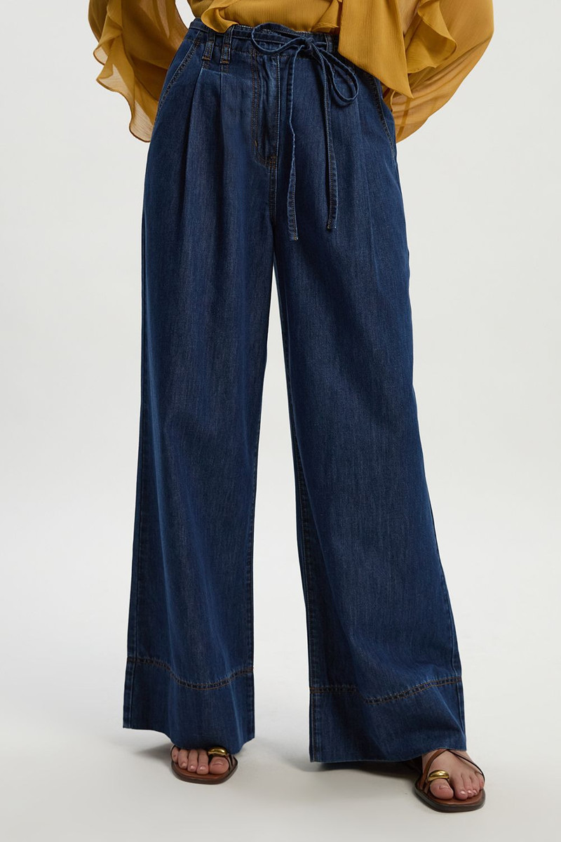 Denim Tie Waist Wide Leg Tailored Trouser 5