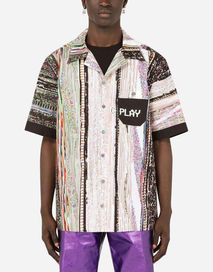 Cotton Hawaiian shirt with multi-color glitch print - 1