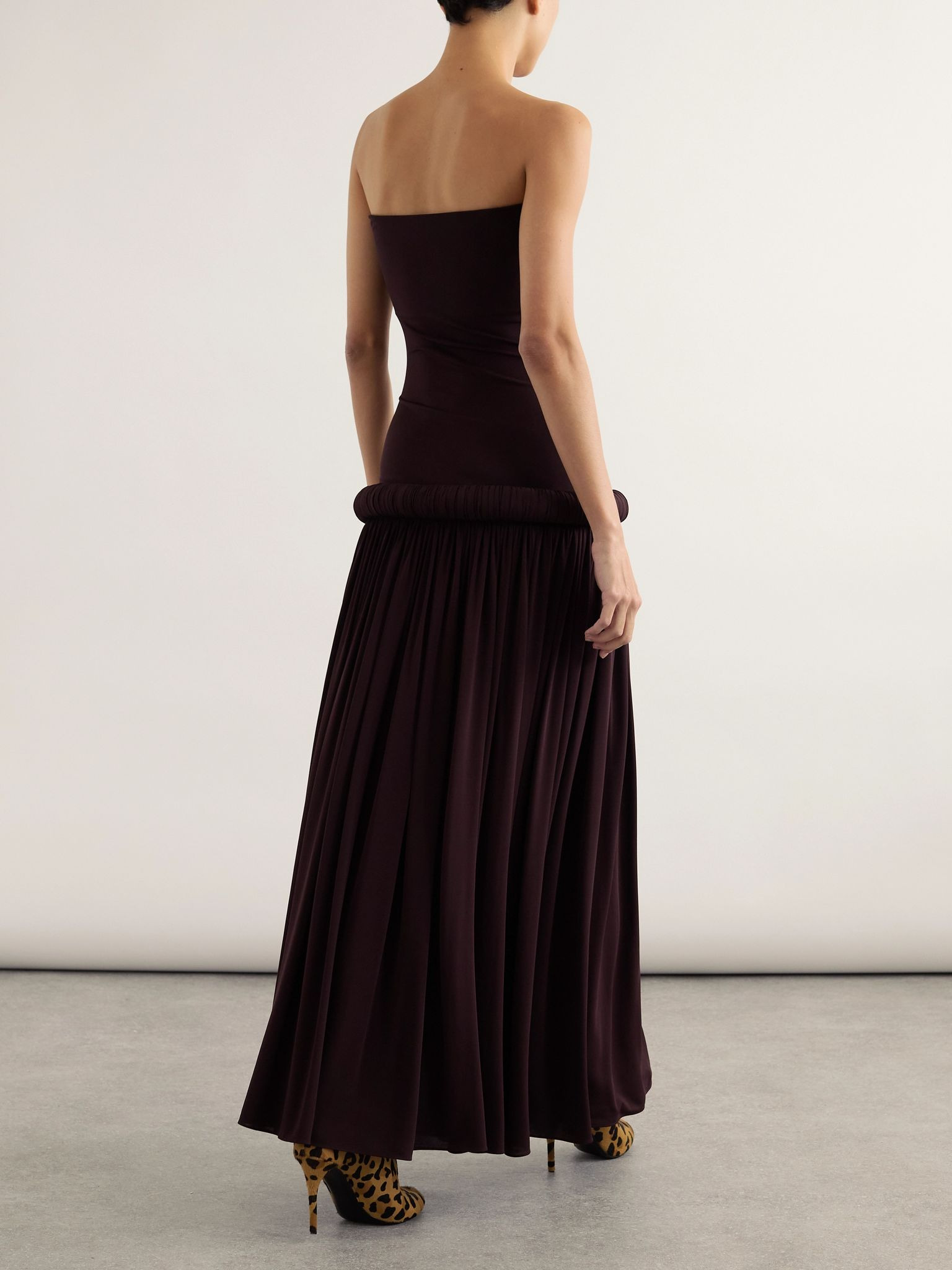 Strapless pleated stretch-jersey midi dress Burgundy - 3