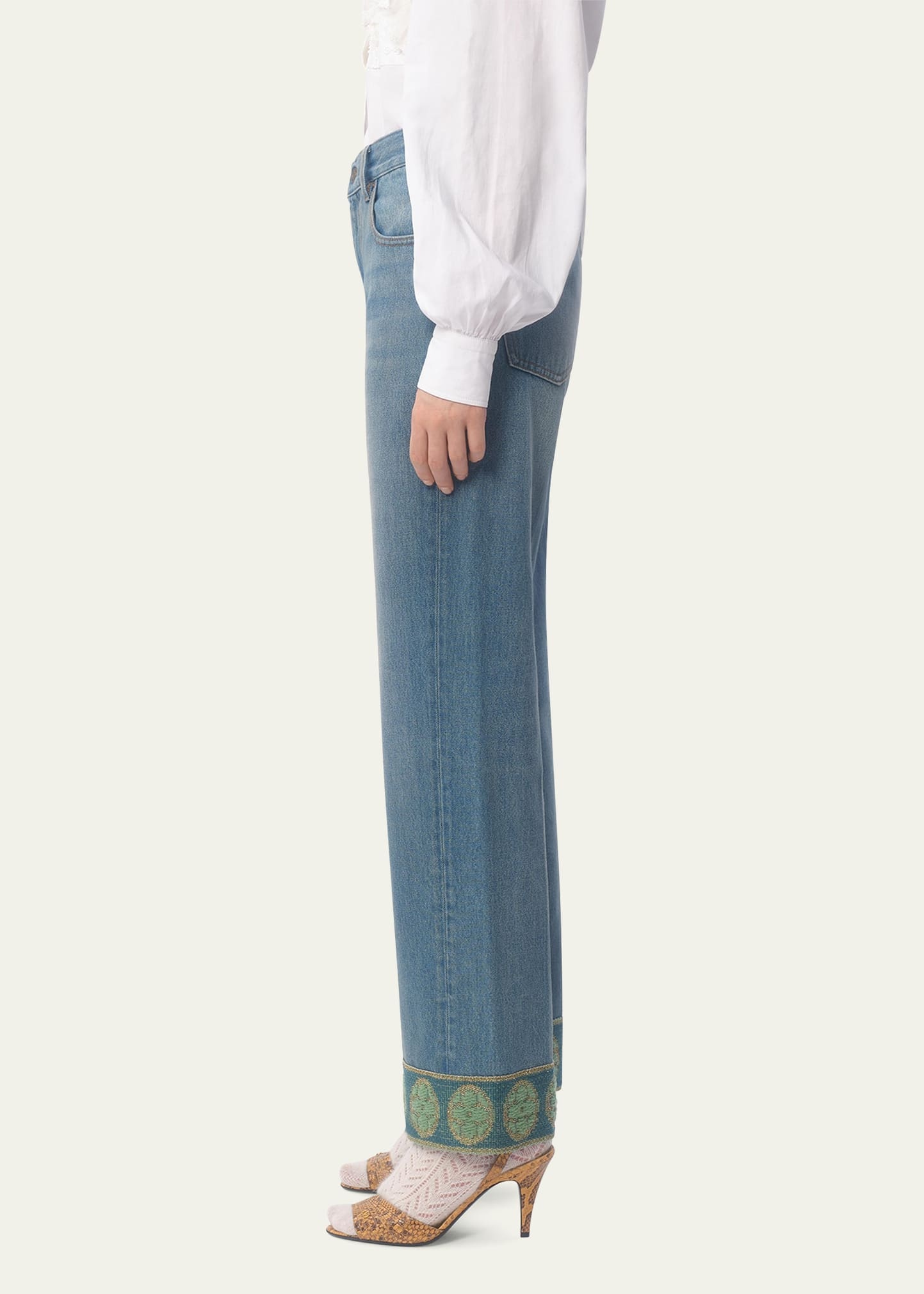 Embroidered Cuff Denim Pants - 4
