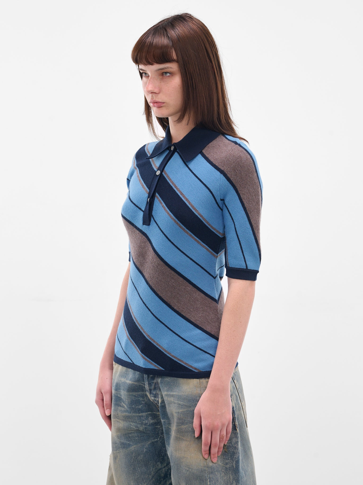 Blue Striped Knit Polo Shirt - 2