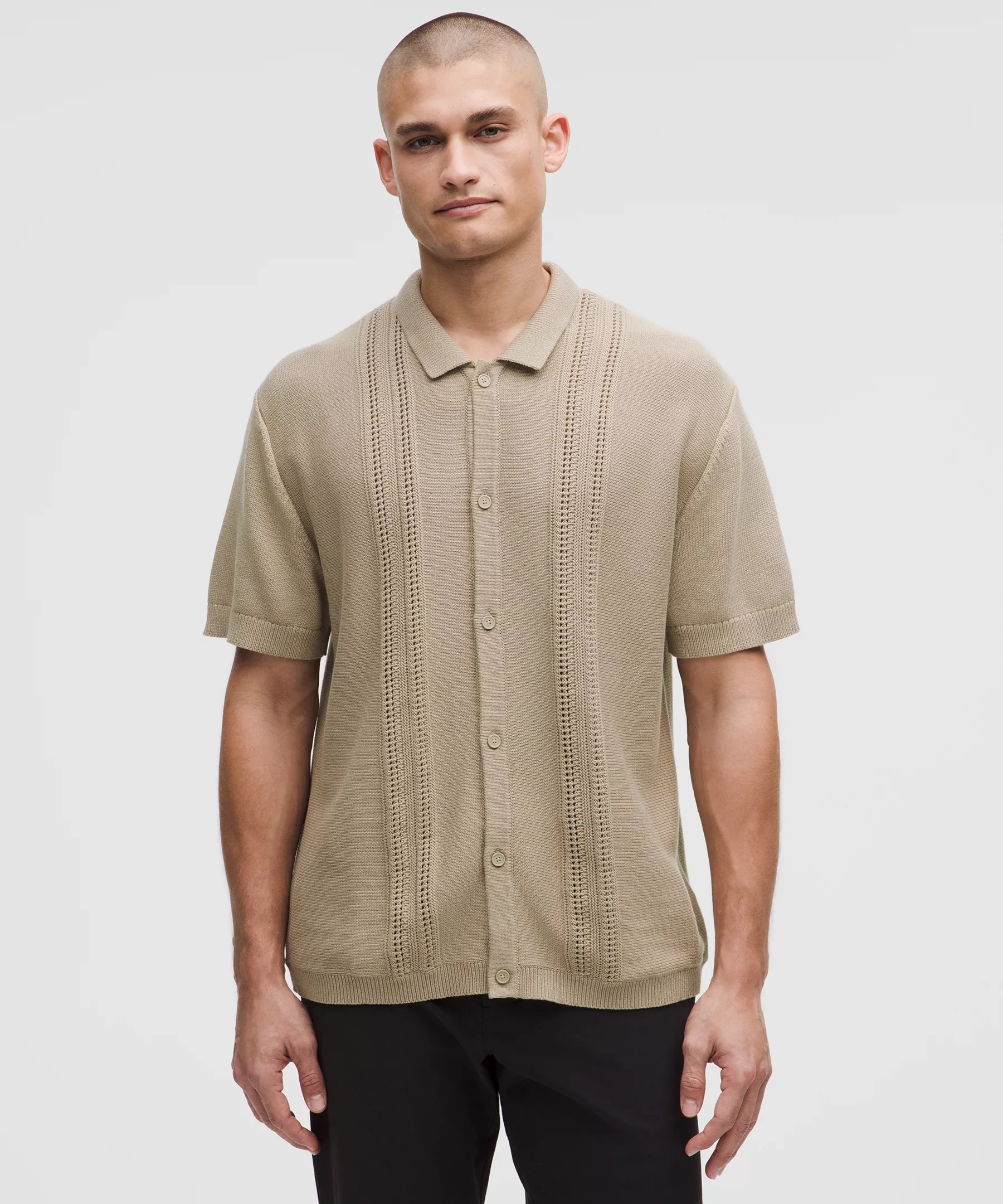 Cotton-Blend Knit Button Up Short-Sleeve Shirt - 1