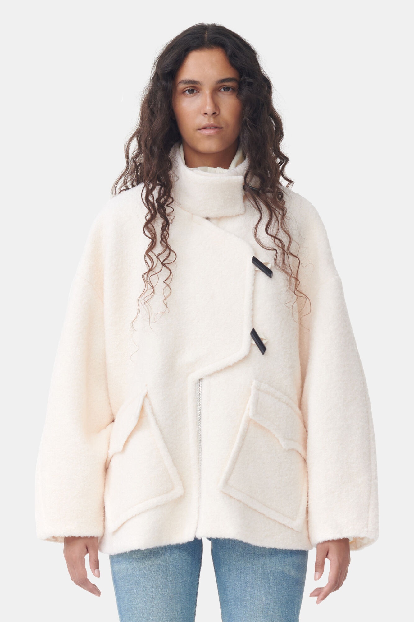 WHITE BOUCLE WOOL SHOULDER JACKET - 3