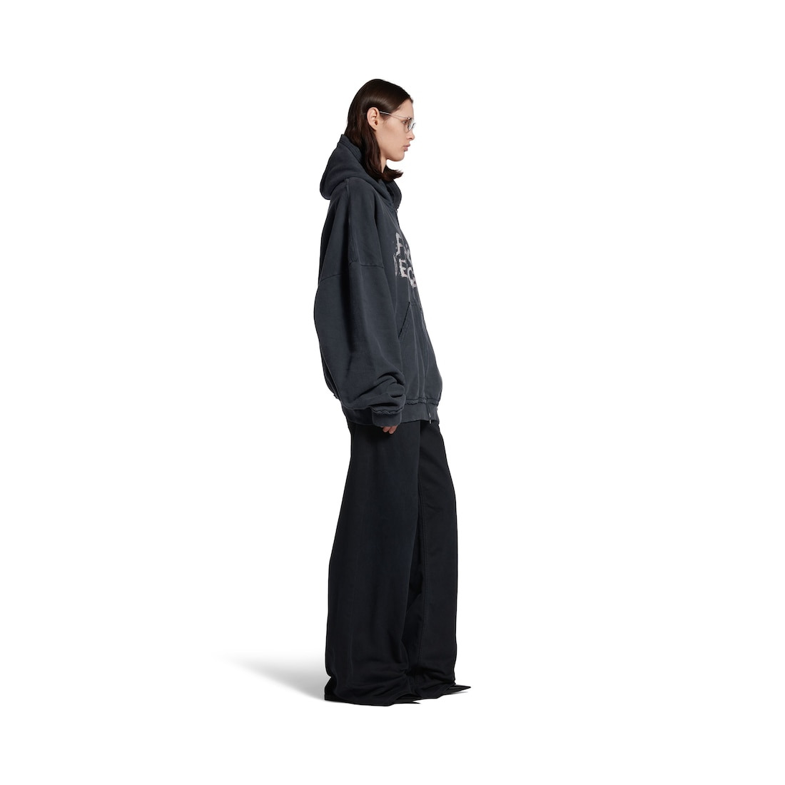 Fashion Designer Pulled Zip-up Hoodie Large Fit in Faded Black - 3