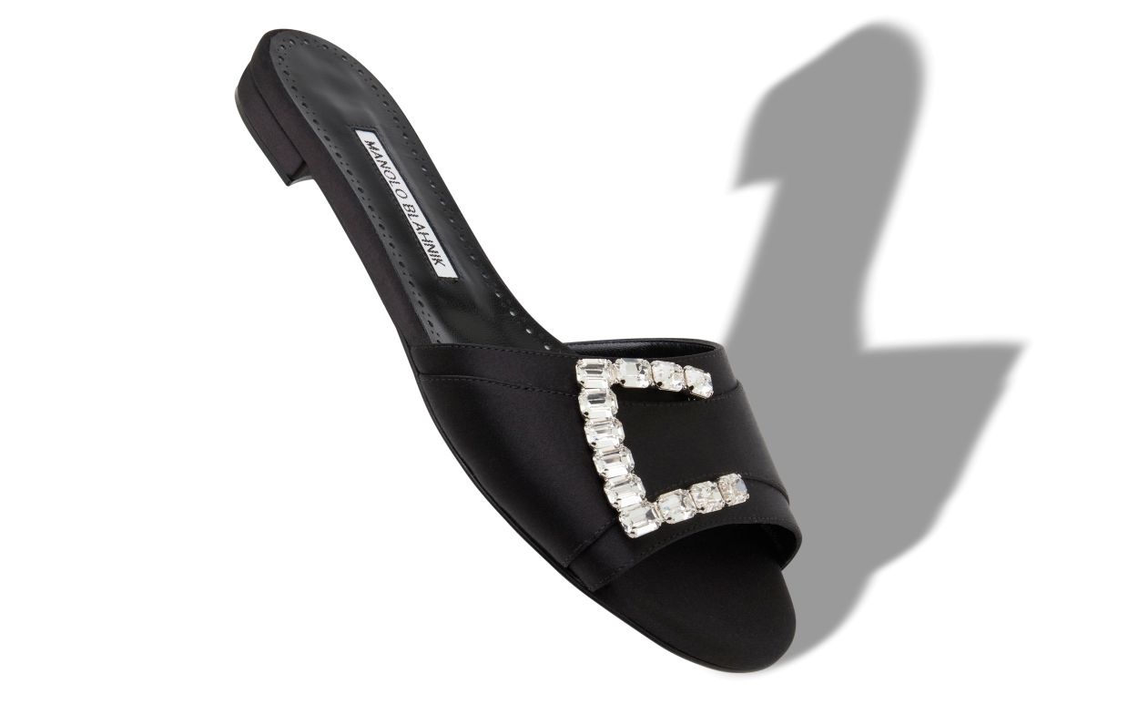 Black Satin Embellished Flat Sandals - 2