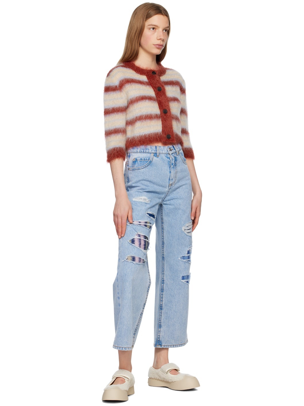 Beige & Red Striped Cardigan - 4