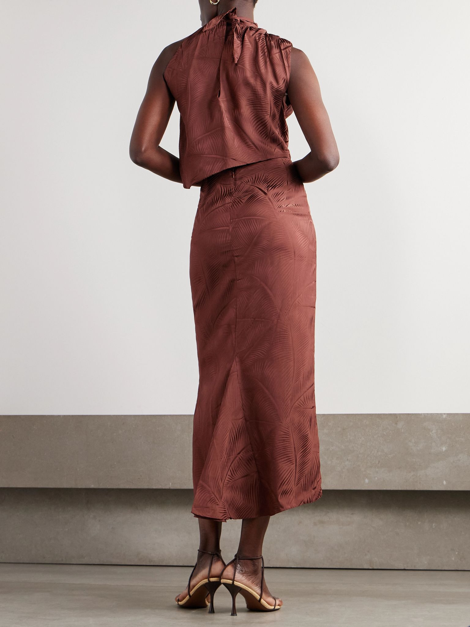Finding Balance draped cutout jacquard midi dress Chocolate - 3