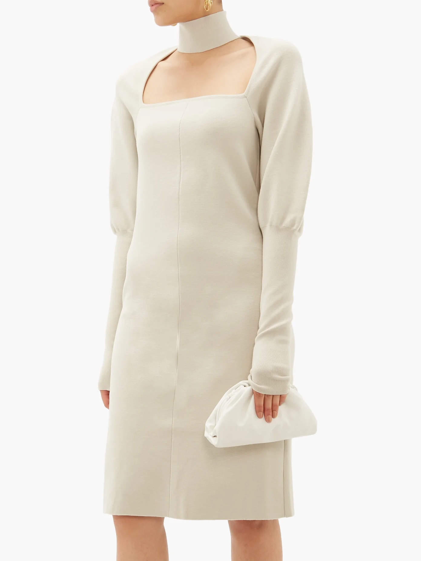 Choker gigot-sleeve wool-blend dress - 6