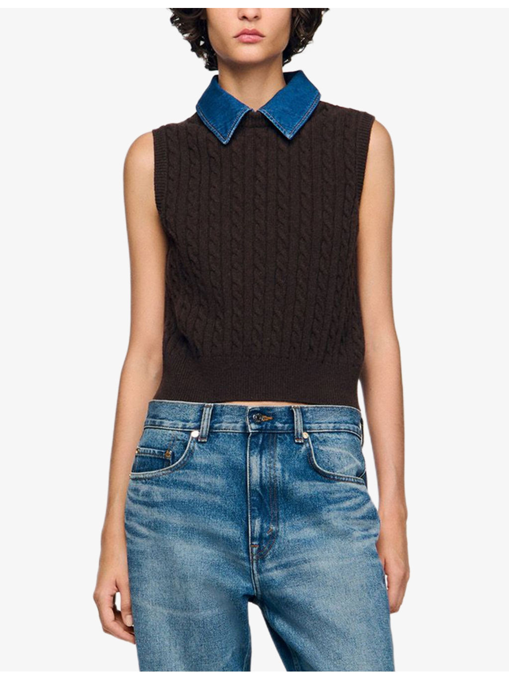 Denim-Collar Ribbed Sleeveless Wool-Blend Jumper - 3