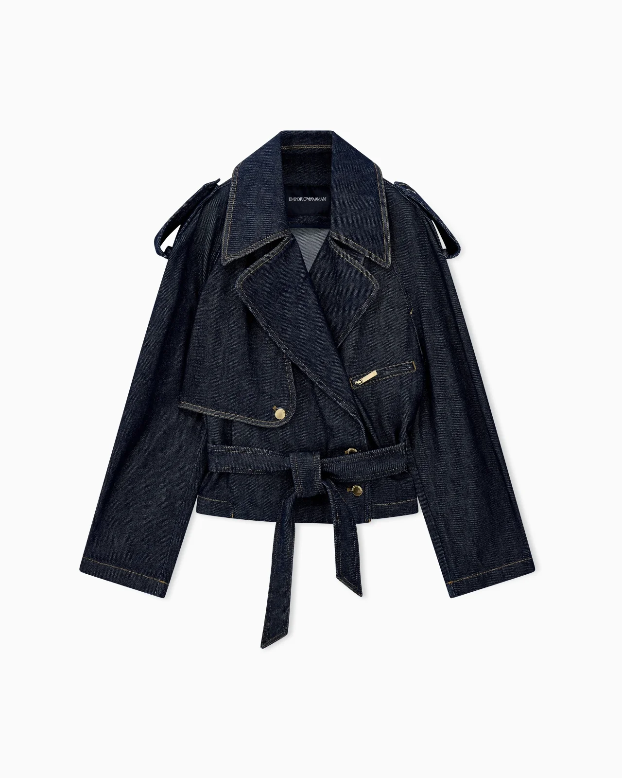 BELTED DENIM JACKET WITH WIDE LAPELS AND EPAULETTES - 1