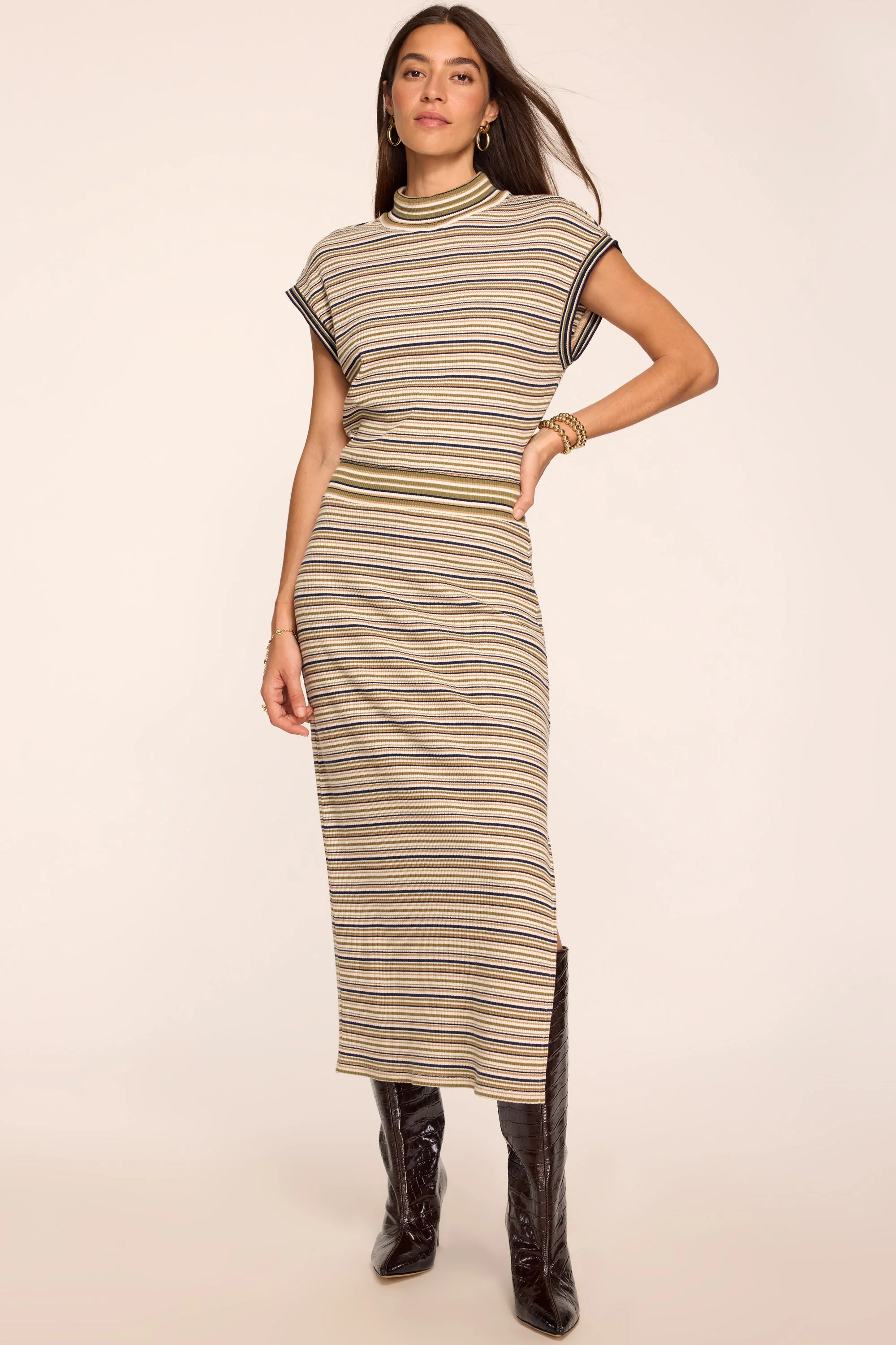 Natalie Striped Mock Neck Midi Dress - 1