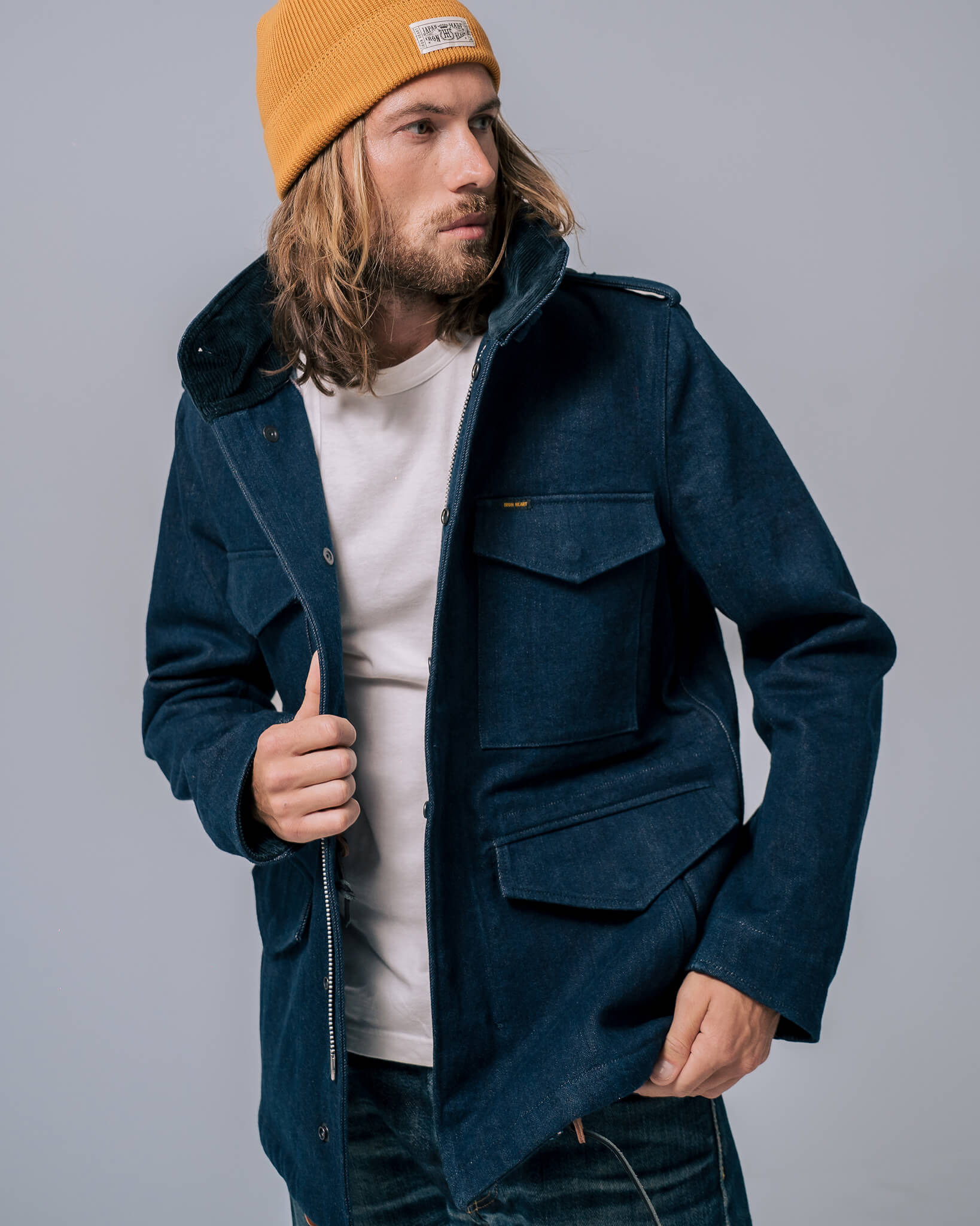 IHM-42-IND 16oz Natural Indigo Selvedge Denim M65 Field Jacket - 4