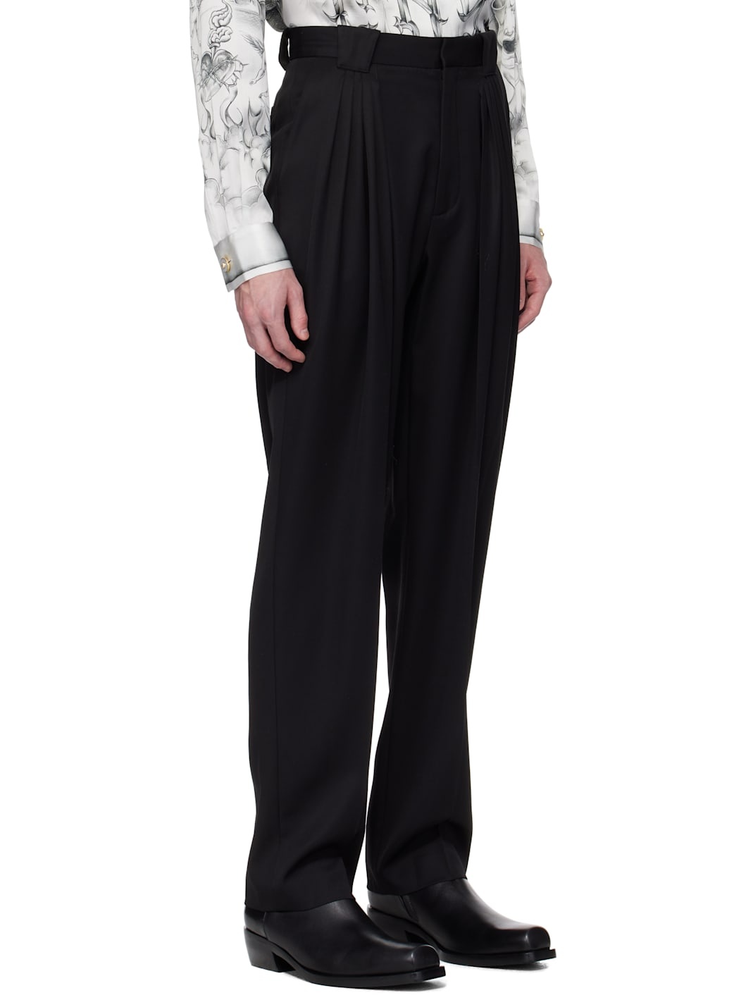 Black Wool Pleated Tailored Trousers - 2