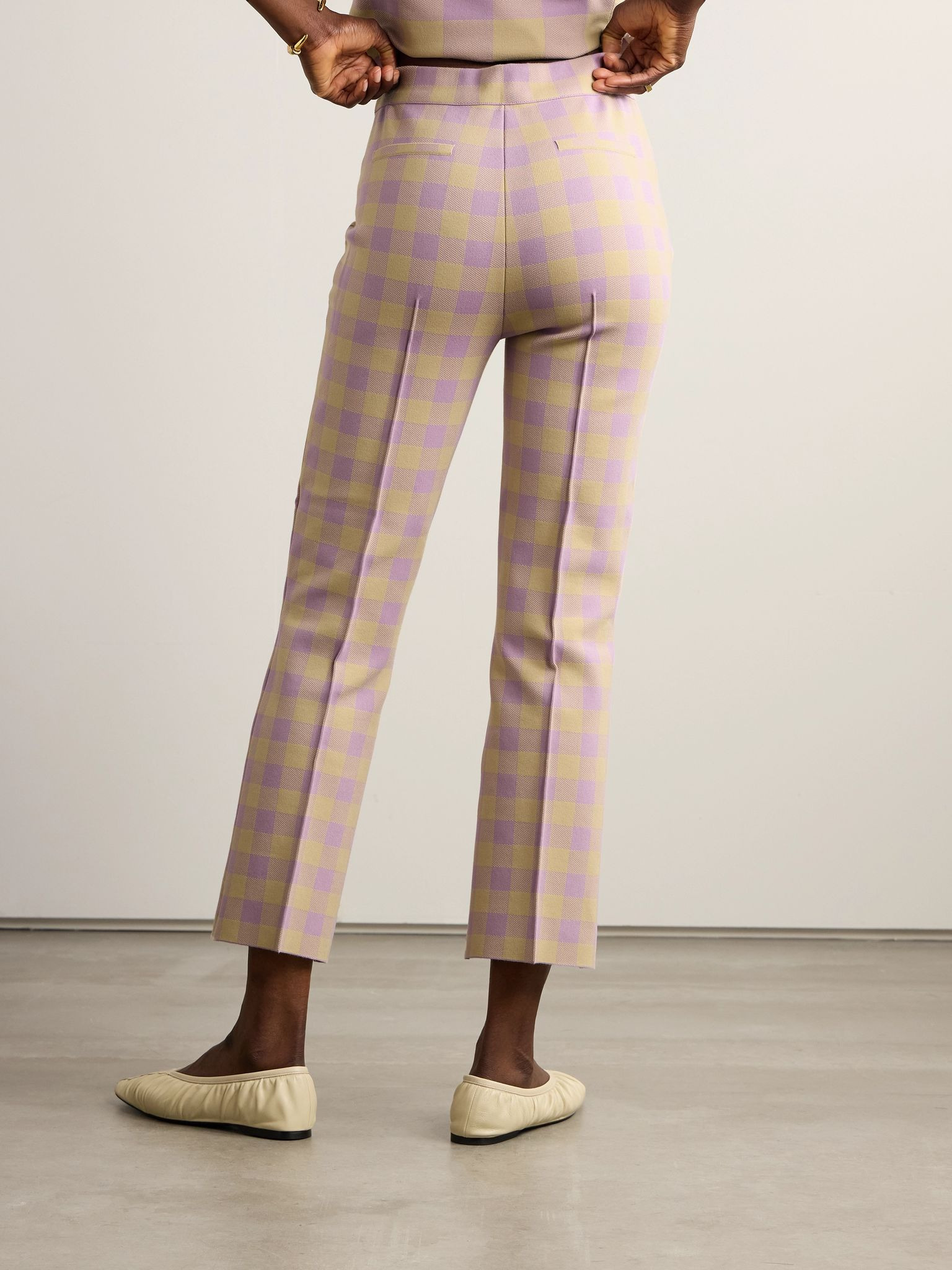 Kick cropped checked stretch-cotton flared pants Purple - 4