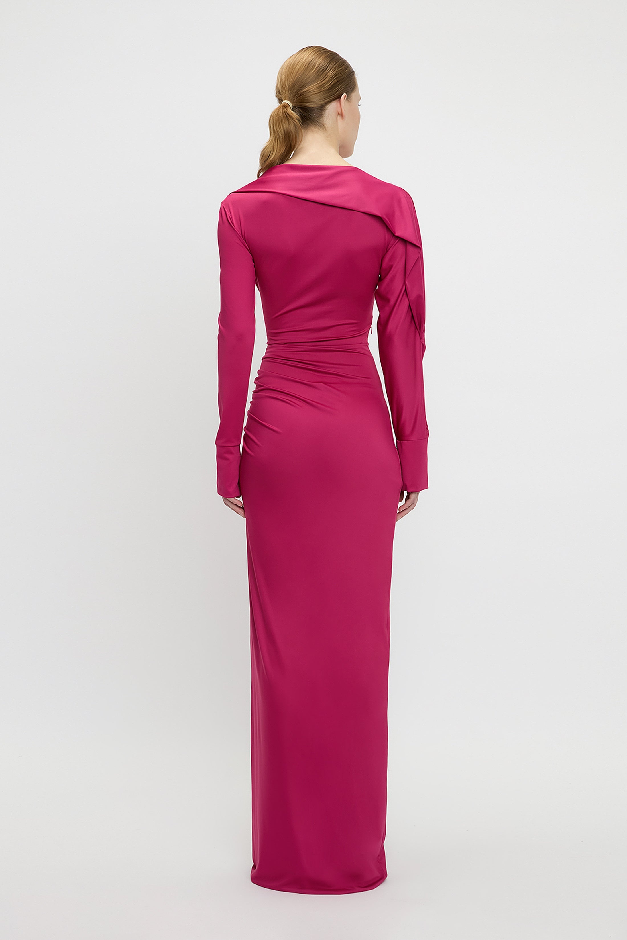 Long Sleeve Slash-Neck Gown In Cherry - 4