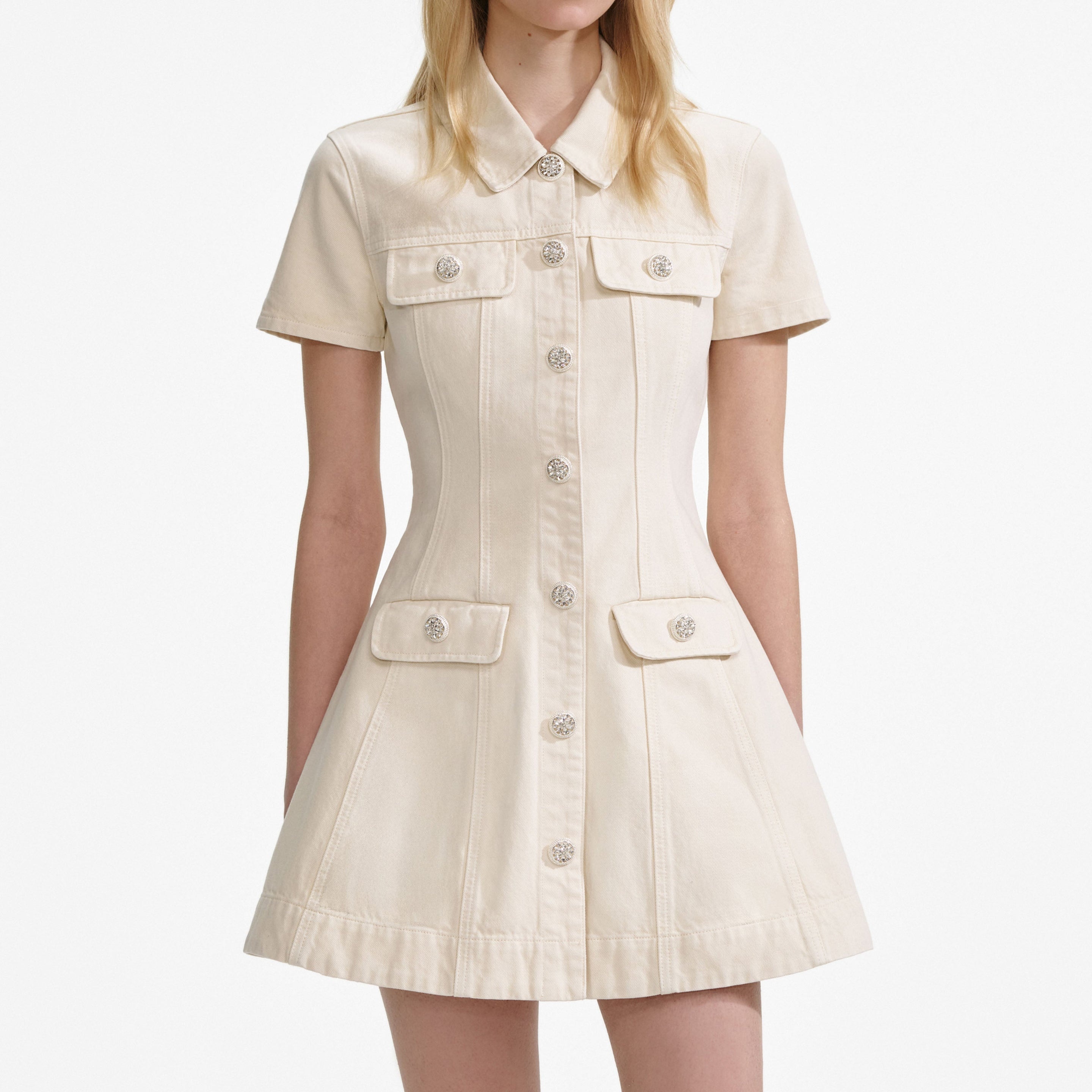 Cream Collared Denim Mini Dress - 4