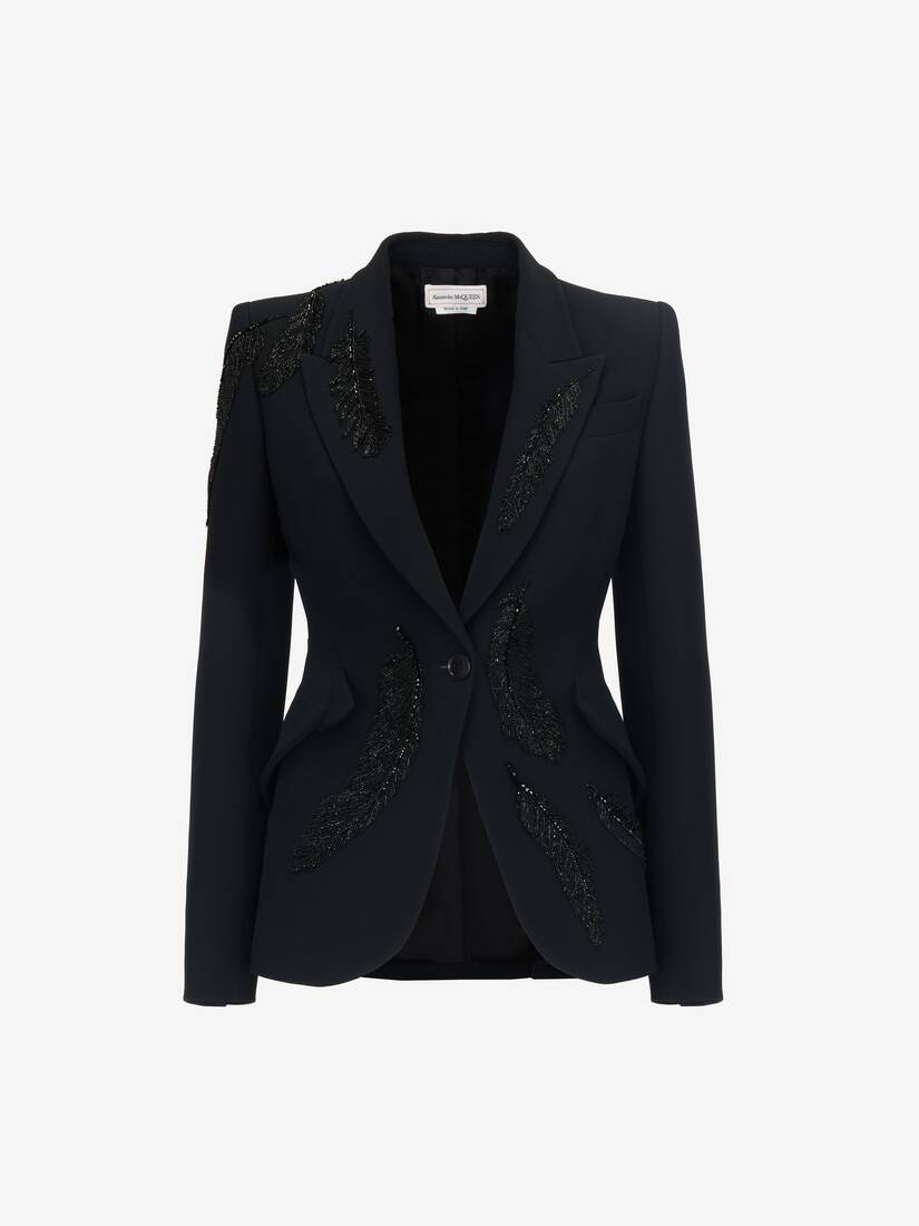 Women's Feather Embroidery Peak Shoulder Jacket in Black - 1